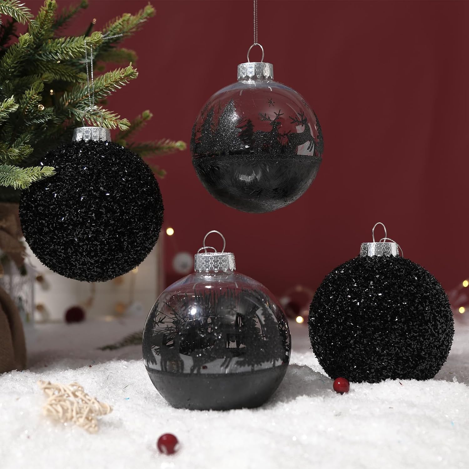 SHareconn 120mm/4.72" Large Christmas Balls Ornaments for Christmas Tree, 4 Pcs Shatterproof Plastic Baubles Black Christmas Decorations for Xmas Tree Decor Holiday Party with Hanging Strings, Black - SHareconn