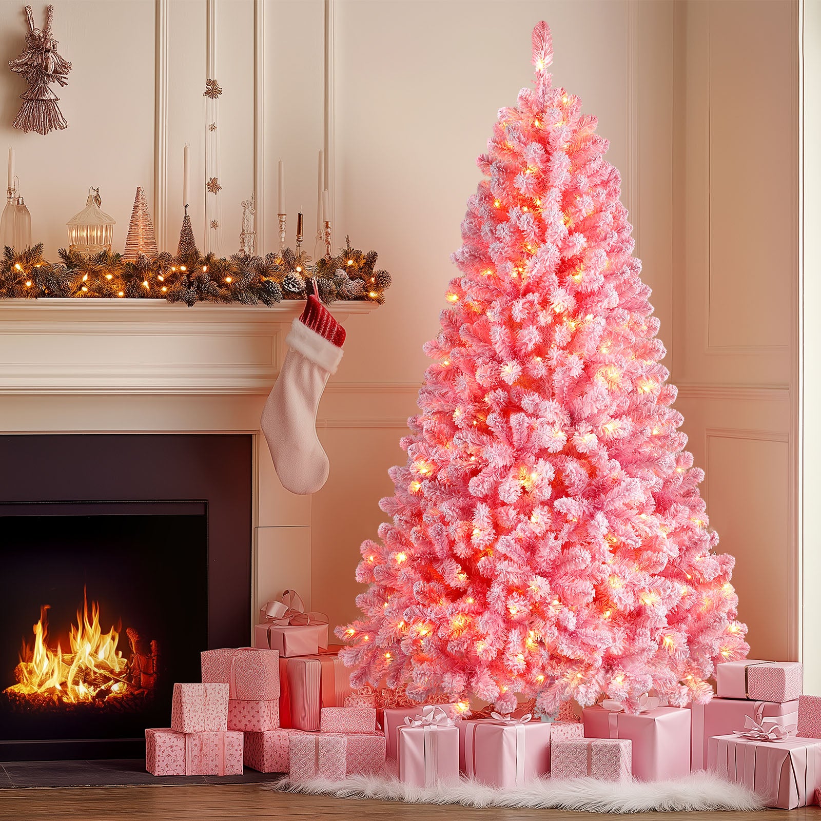 7.5ft Prelit 350 Warm White Lights Snow Flocked Artificial Holiday Christmas Tree-Pink