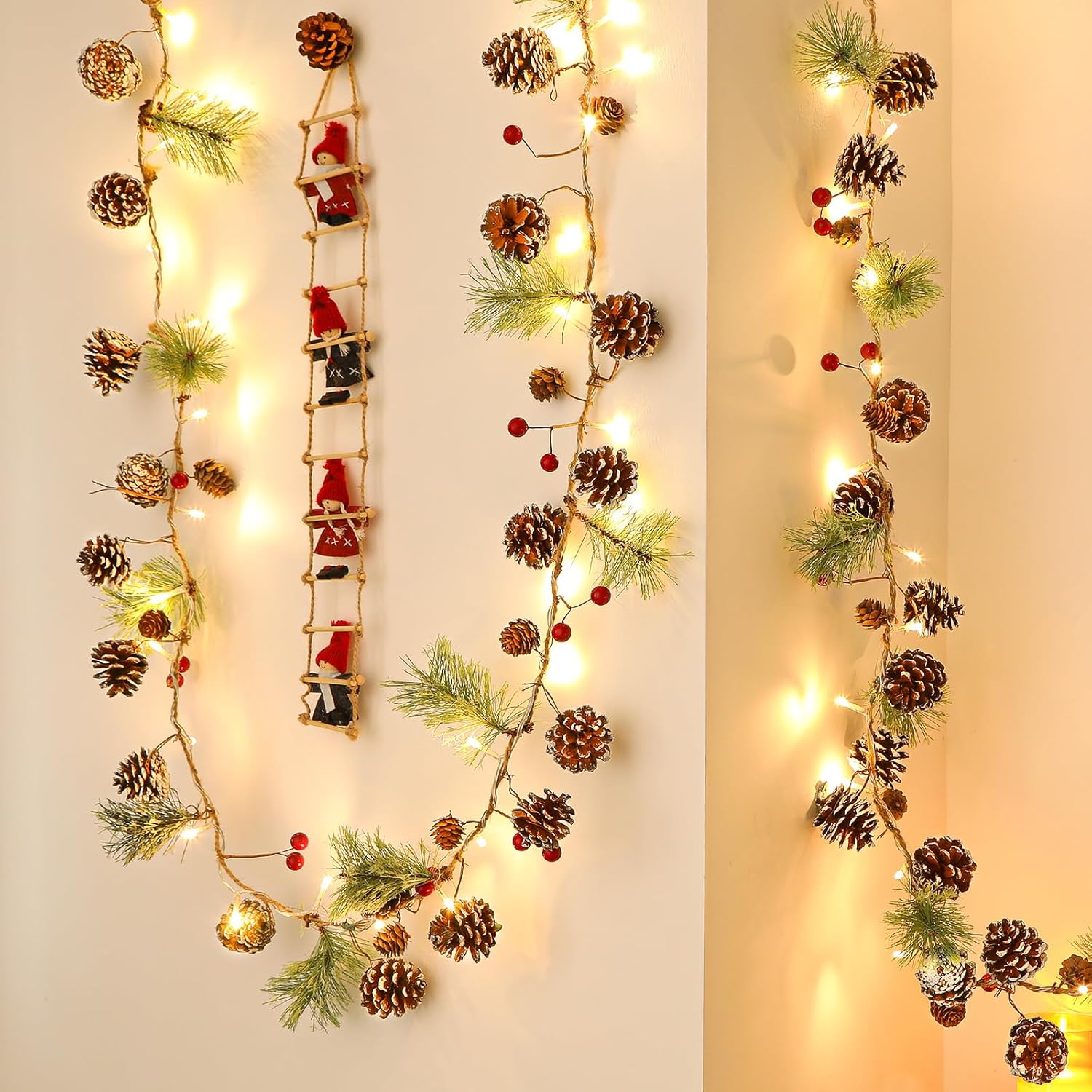 2PCS 6FT(2 * 180cm) Artificial Christmas Garland with Prelit Lights Snow Pine Cone&Red Berry - SHareconn