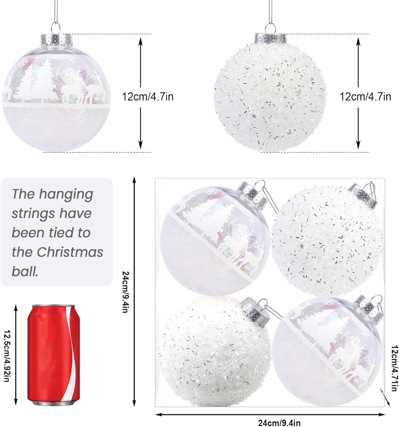 4pcs Snow Shatterproof Plastic  Large Christmas Balls Ornaments-120mm - SHareconn