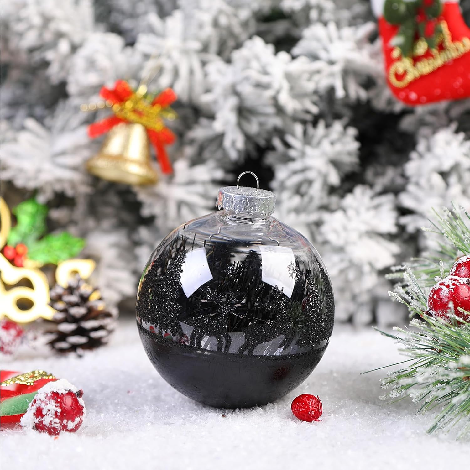 SHareconn 120mm/4.72" Large Christmas Balls Ornaments for Christmas Tree, 4 Pcs Shatterproof Plastic Baubles Black Christmas Decorations for Xmas Tree Decor Holiday Party with Hanging Strings, Black - SHareconn