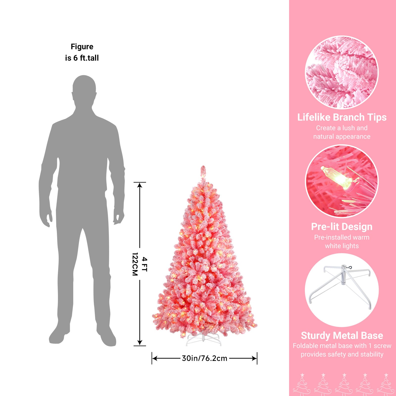 4ft Prelit 100 Warm White Lights Snow Flocked Artificial Holiday Christmas Tree-Pink