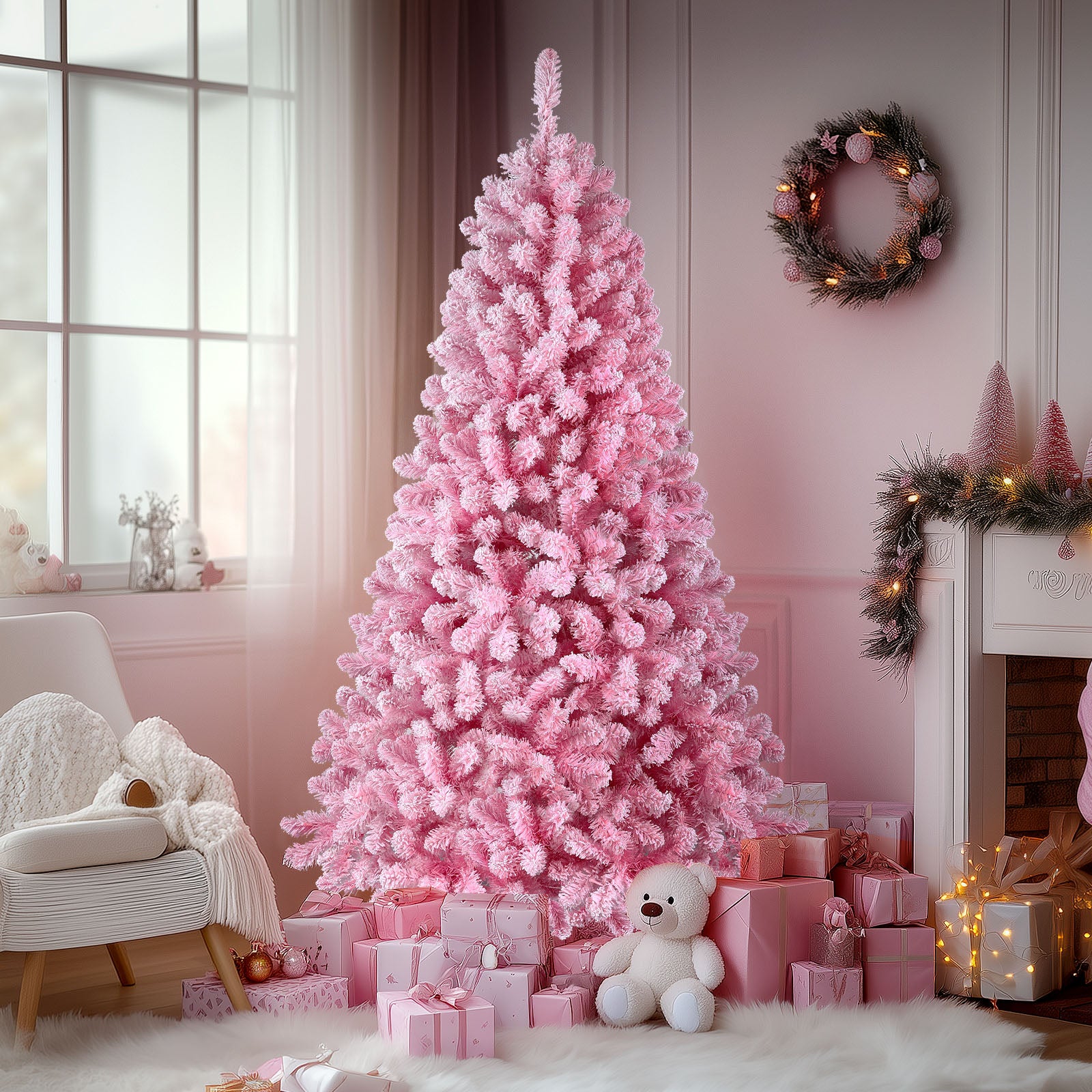 7.5ft Prelit 350 Warm White Lights Snow Flocked Artificial Holiday Christmas Tree-Pink