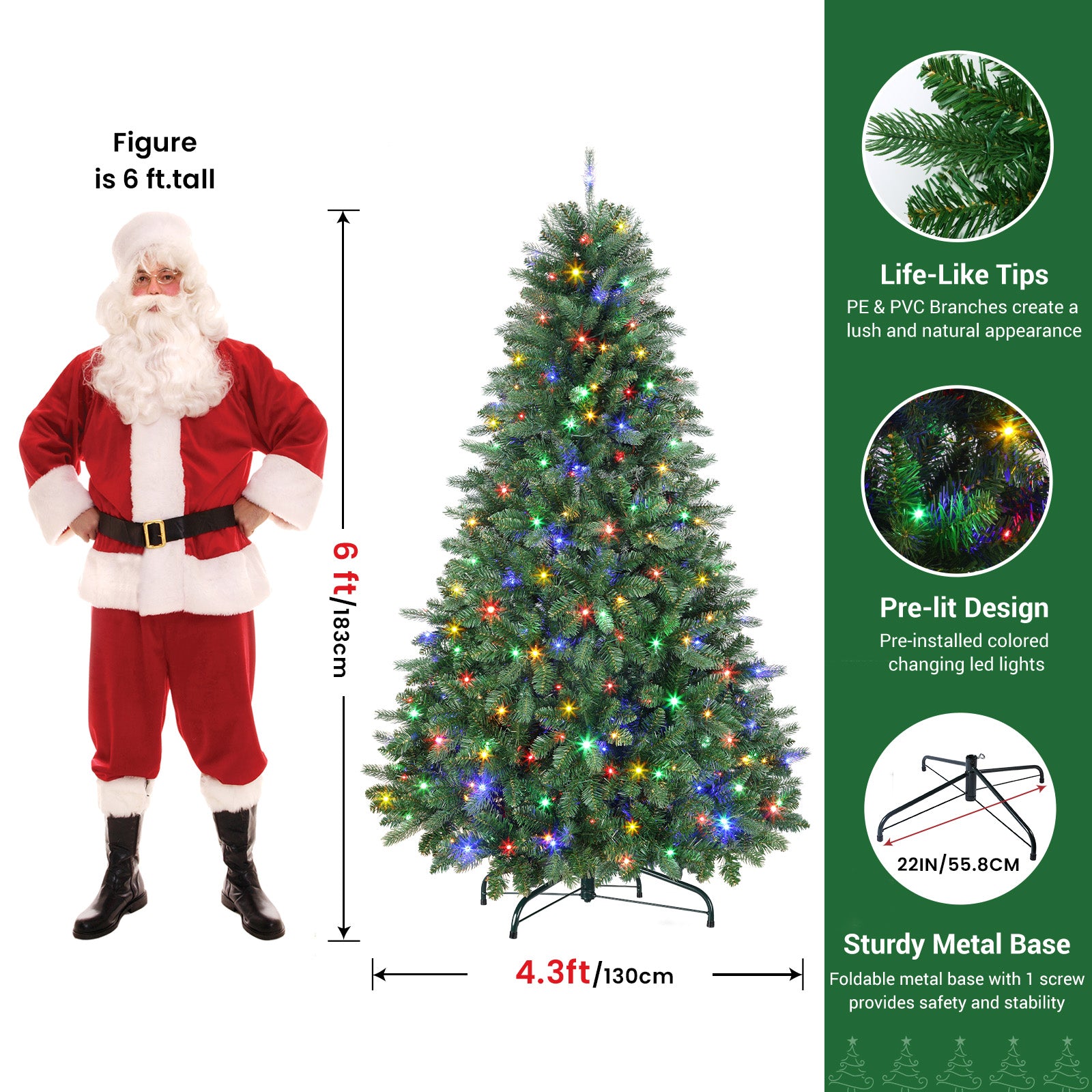 Only For UK 6FT Pre-Lit Artificial Christmas Tree with 330 Warm White & Multicolor LED Lights