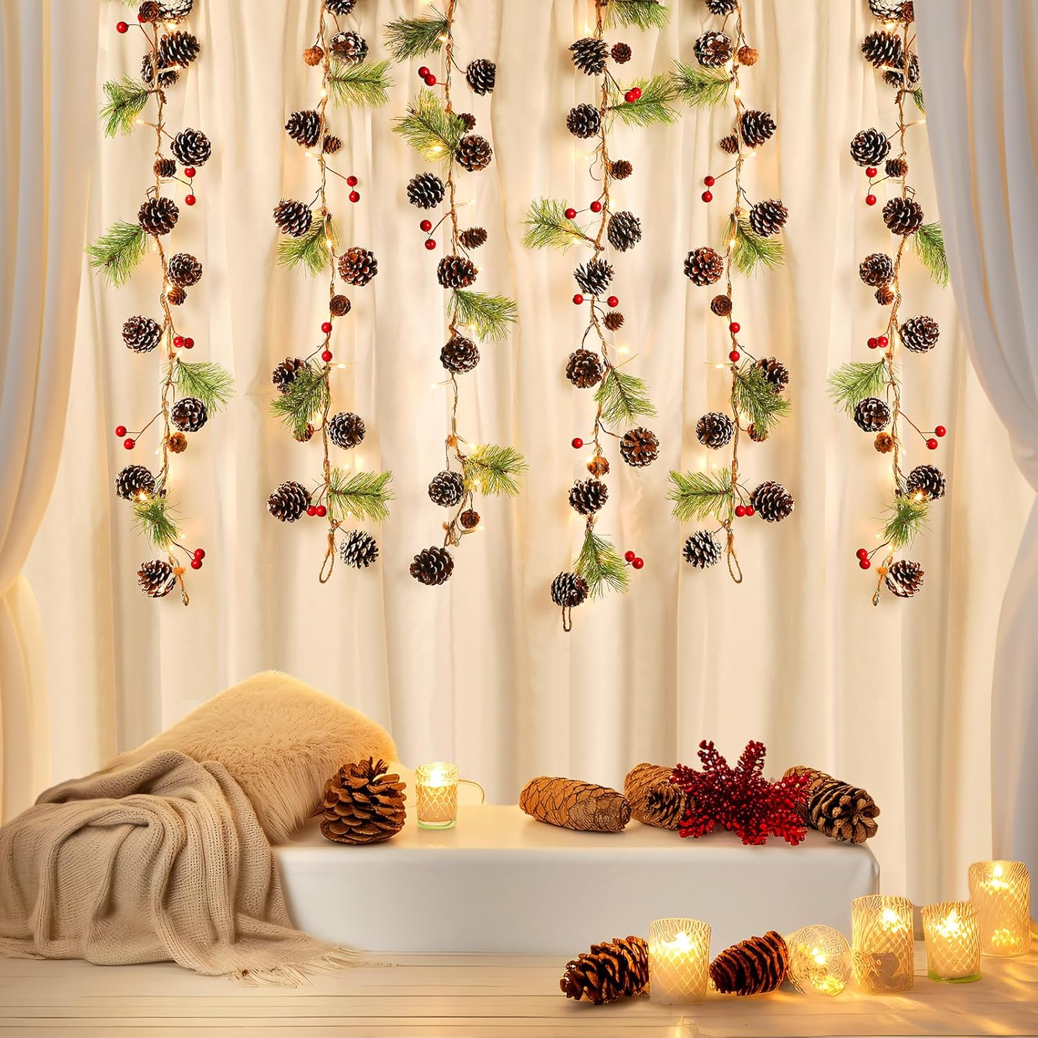 2PCS 6FT(2 * 180cm) Artificial Christmas Garland with Prelit Lights Snow Pine Cone&Red Berry - SHareconn