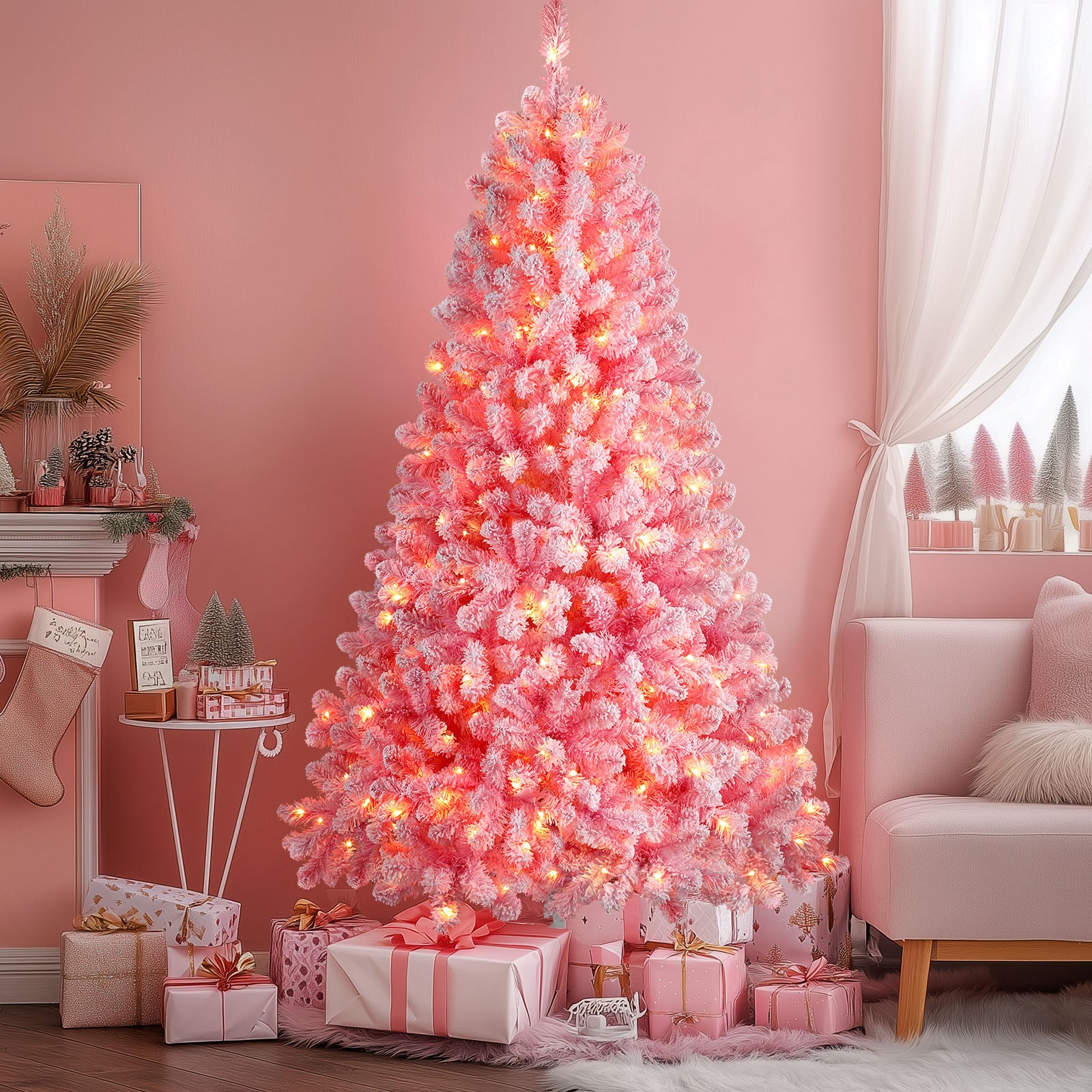 7.5ft Prelit 350 Warm White Lights Snow Flocked Artificial Holiday Christmas Tree-Pink