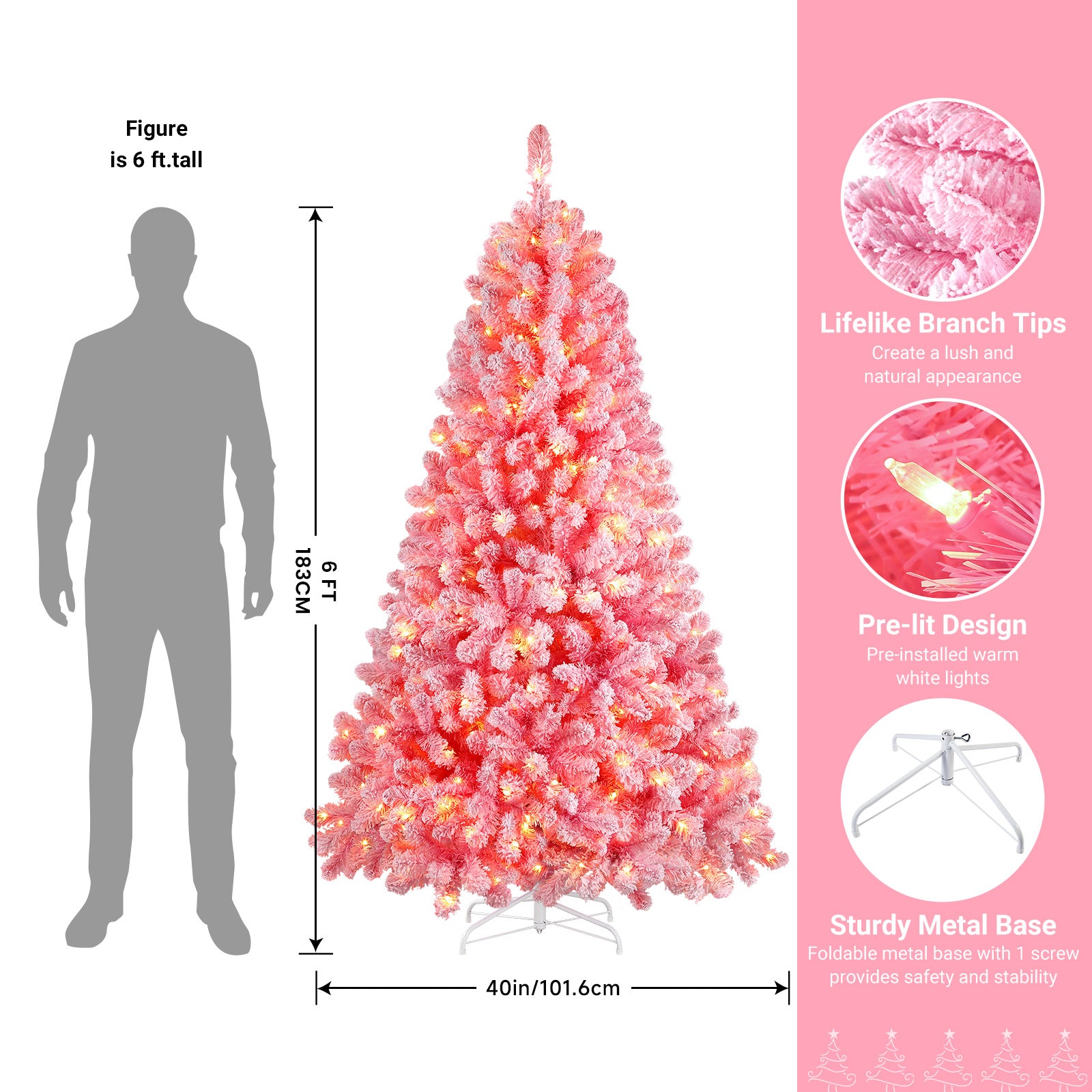 6ft Prelit 250 Warm White Lights Snow Flocked Artificial Holiday Christmas Tree-Pink