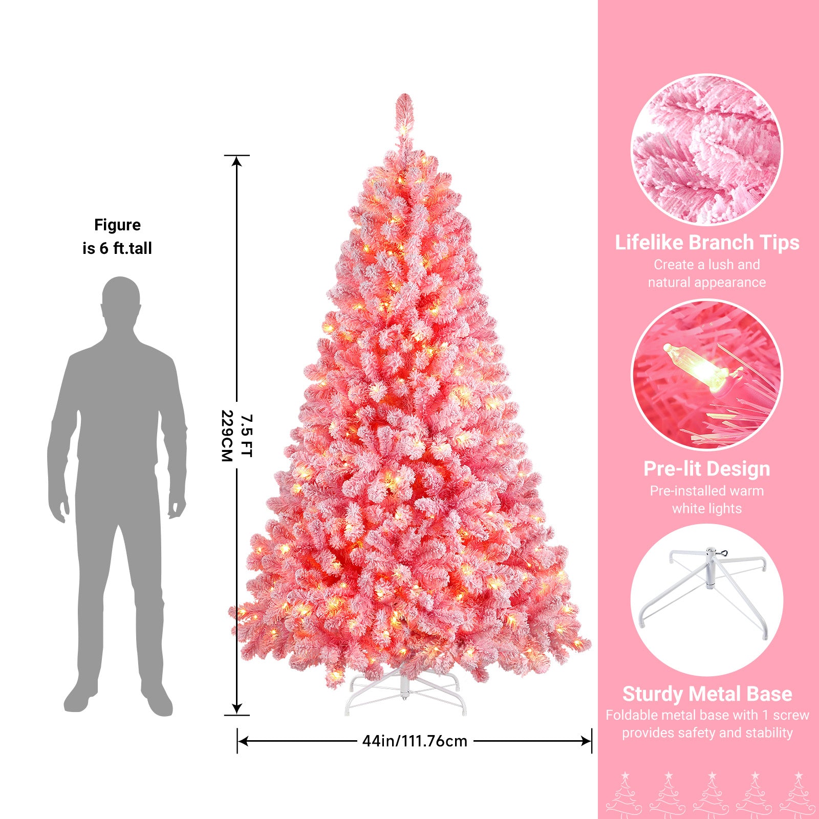 7.5ft Prelit 350 Warm White Lights Snow Flocked Artificial Holiday Christmas Tree-Pink