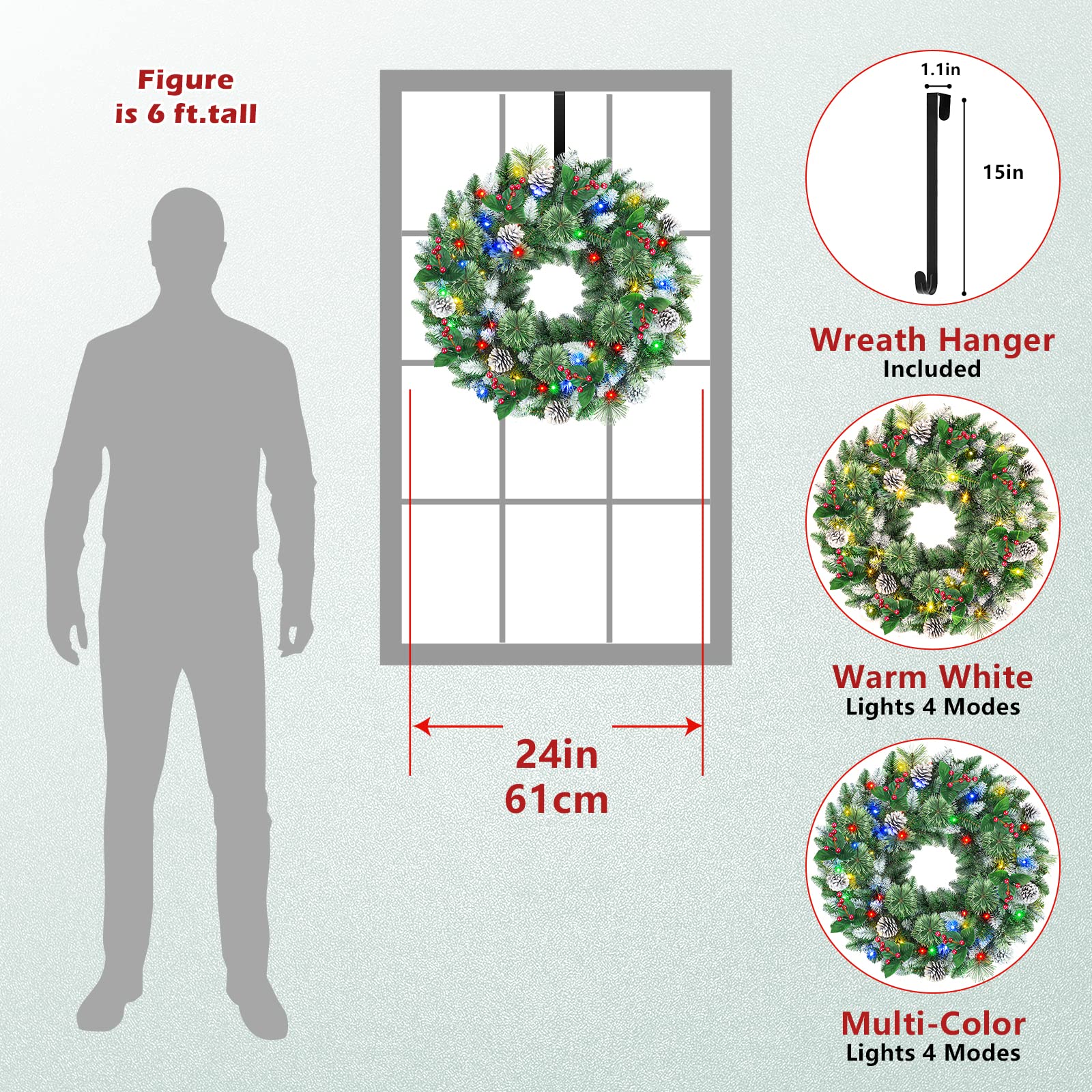 24 Inch Snow Prelit Artificial Christmas Wreath with 15" Hanger Color Changing Lights and Timer by Remote Control - SHareconn