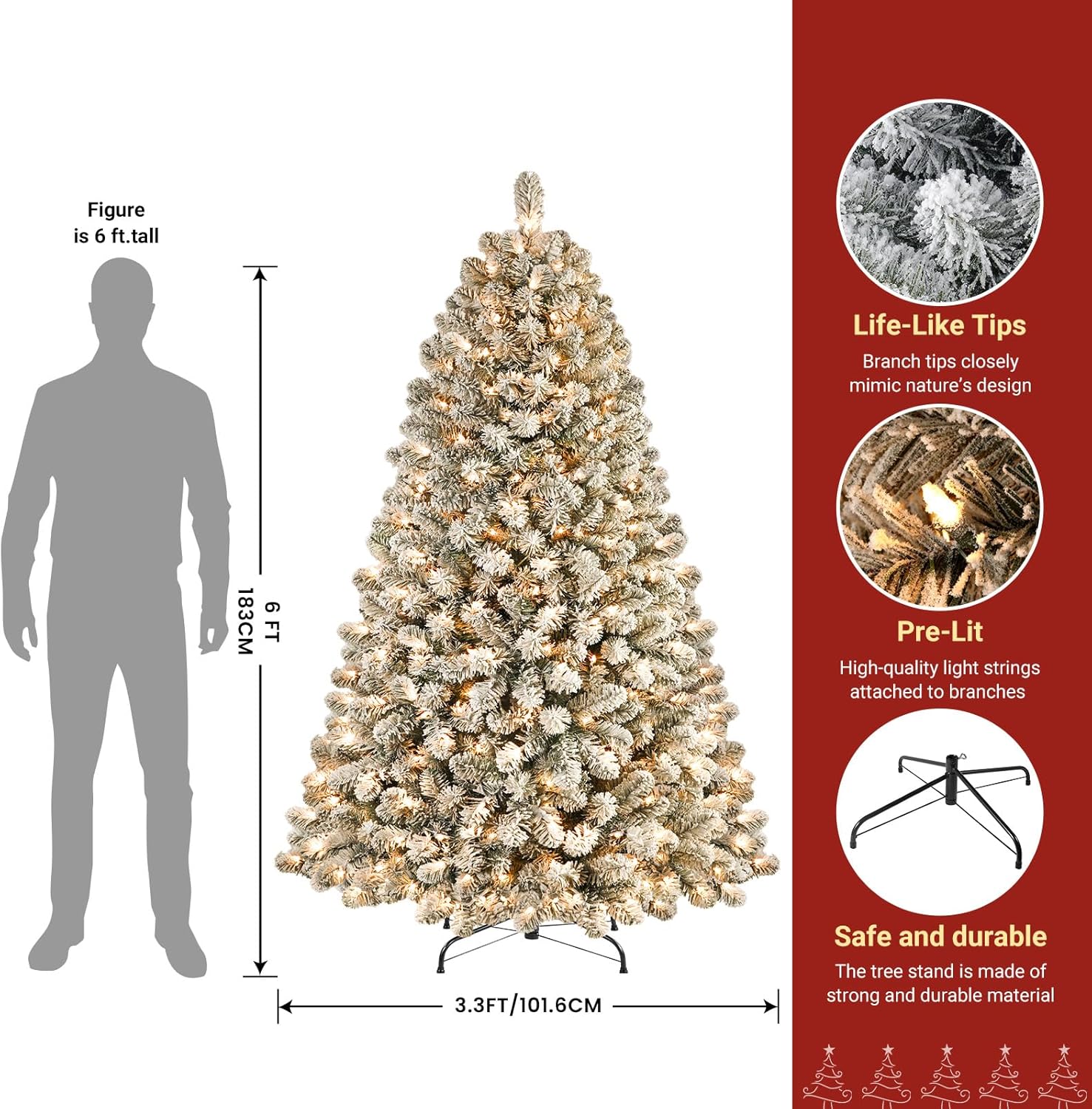 6ft Prelit 250 Warm White Lights Snow Flocked Artificial Holiday Christmas Tree