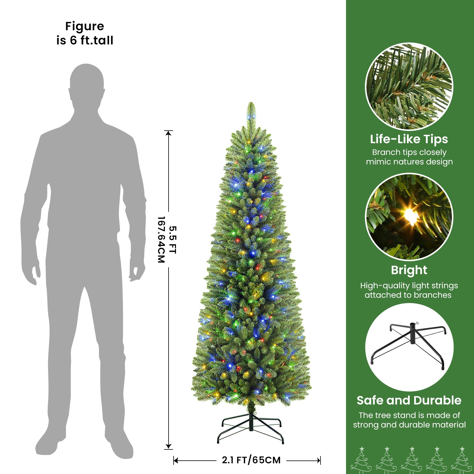 5.5ft Warm White & Multi-Color Lights Prelit Artificial Slim Pencil Christmas Tree with Remote - SHareconn