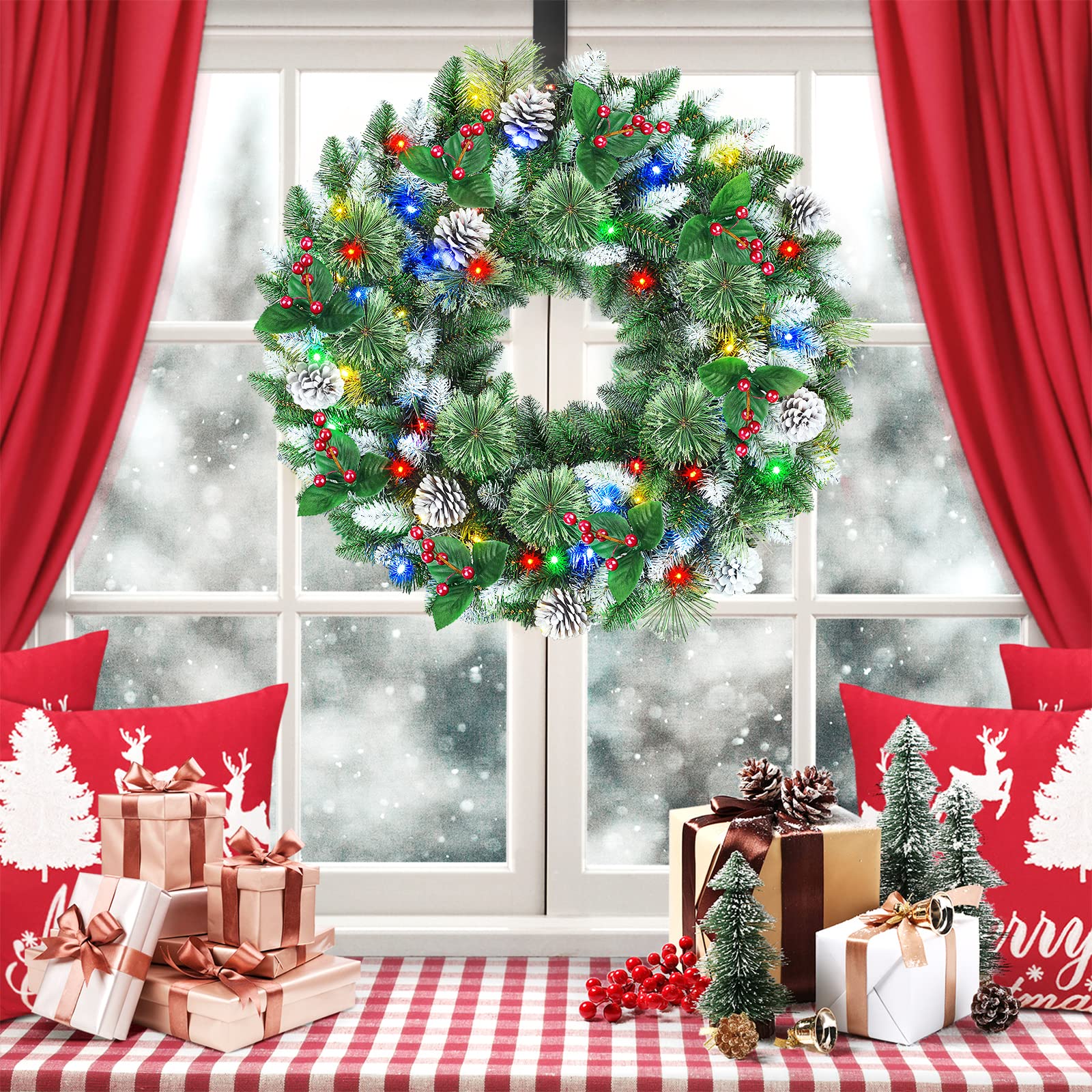 24 Inch Snow Prelit Artificial Christmas Wreath with 15" Hanger Color Changing Lights and Timer by Remote Control - SHareconn