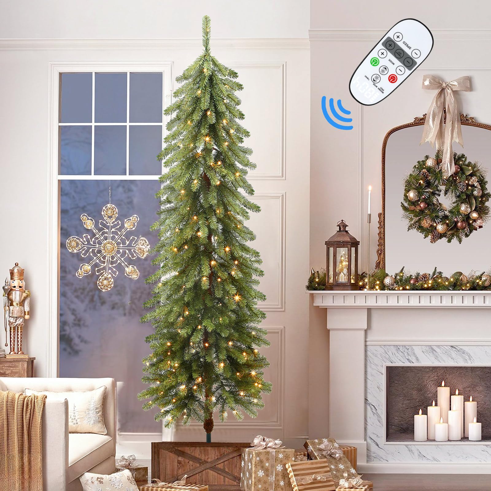 7.5ft Prelit Artificial Wooden Pole Pencil Christmas Tree with Remote, Pre-Lit 250 Warm White & Multi-Color Lights, 652 Branch Tips, Skinny Tree for Xmas Holiday Decoration, 7.5 FT - SHareconn