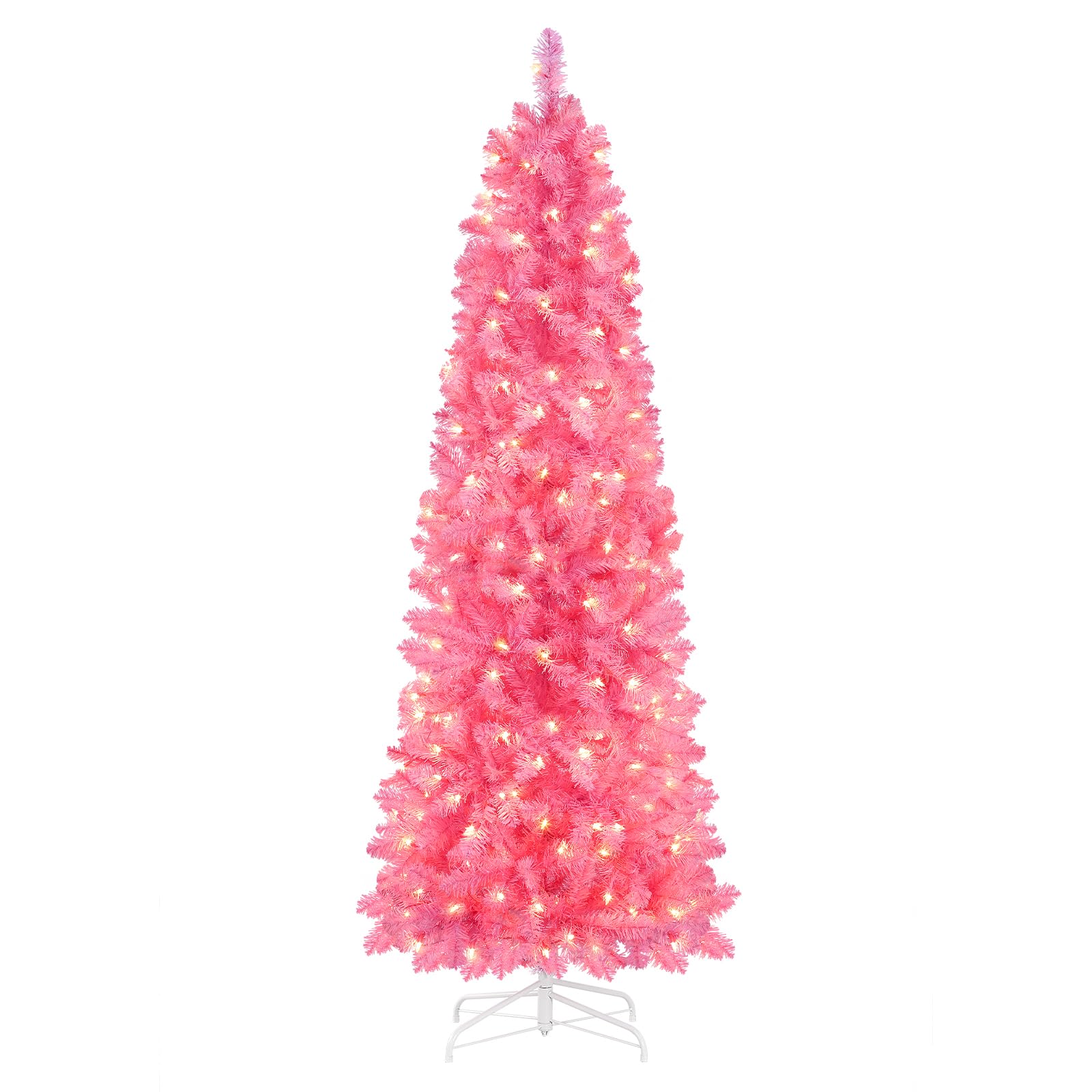 SHareconn 6ft Prelit Artificial Hinged Slim Pencil Christmas Tree with Warm White Lights, Full Branch Tips, Perfect Choice Decoration for Xmas Holiday, 6 FT, Pink - SHareconn