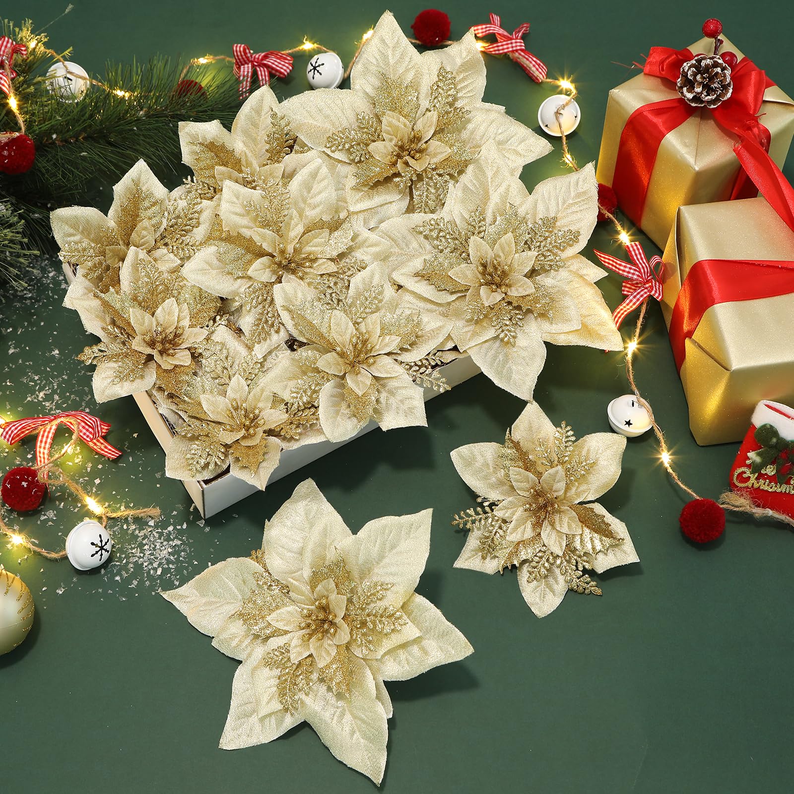 24 Pcs 6"&9" Gold Large Size Poinsettia Artificial Christmas Flowers Decorations for Christmas Tree with Clips&Sticks