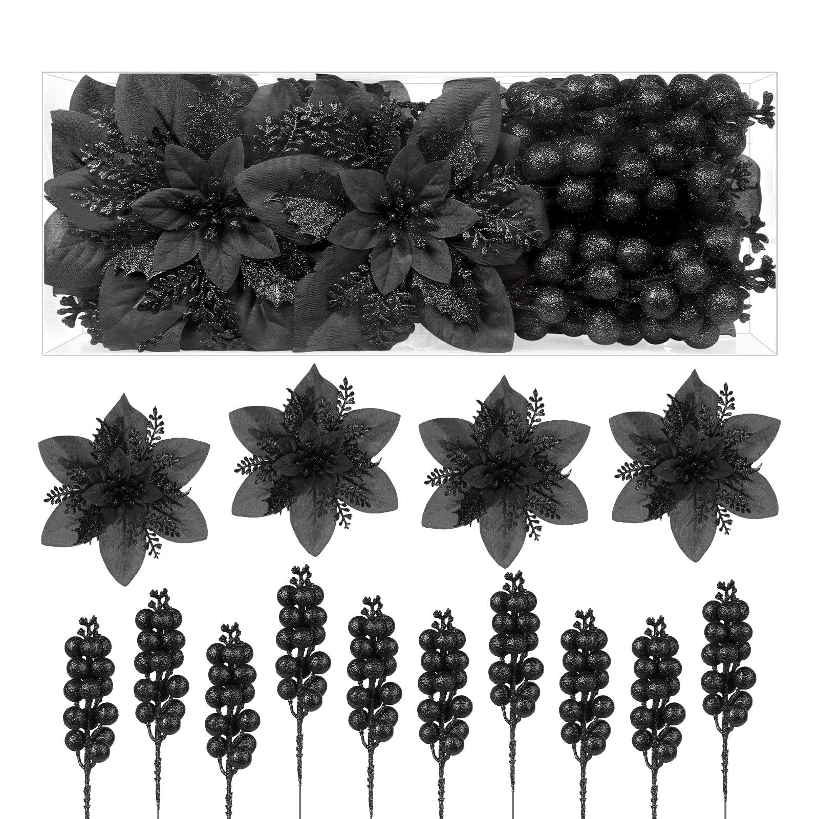 24 Pcs Black Boxed 12Pcs Poinsettias Artificial Christmas Flowers+12Pcs Holly Berry Stems for Christmas Tree Decor