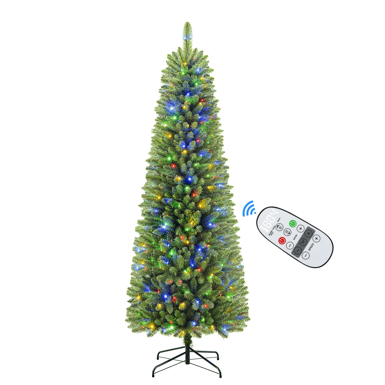 SHareconn 9ft Premium Prelit Artificial Hinged Slim Pencil Christmas Tree with Remote Control, 500 Warm White & Multi-Color Lights, Full Branch Tips, First Choice Decorations for X-mas, 9 FT, Green - SHareconn