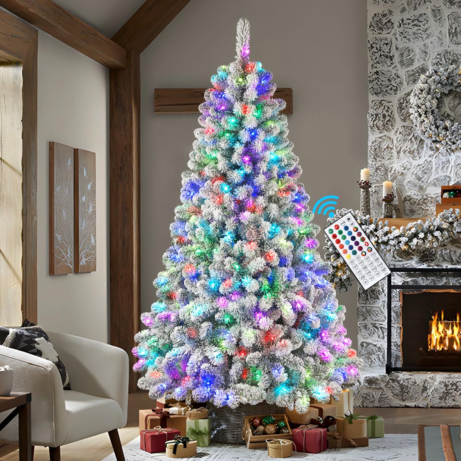 SHareconn 5ft Prelit Snow Flocked Artificial Holiday Christmas Tree with Remote (Upgraded), 250 Pre-Lit Multi-Color RGB Lights, Full Snow Branch Tips for Home, Office, Party Decoration, 5 FT, White - SHareconn