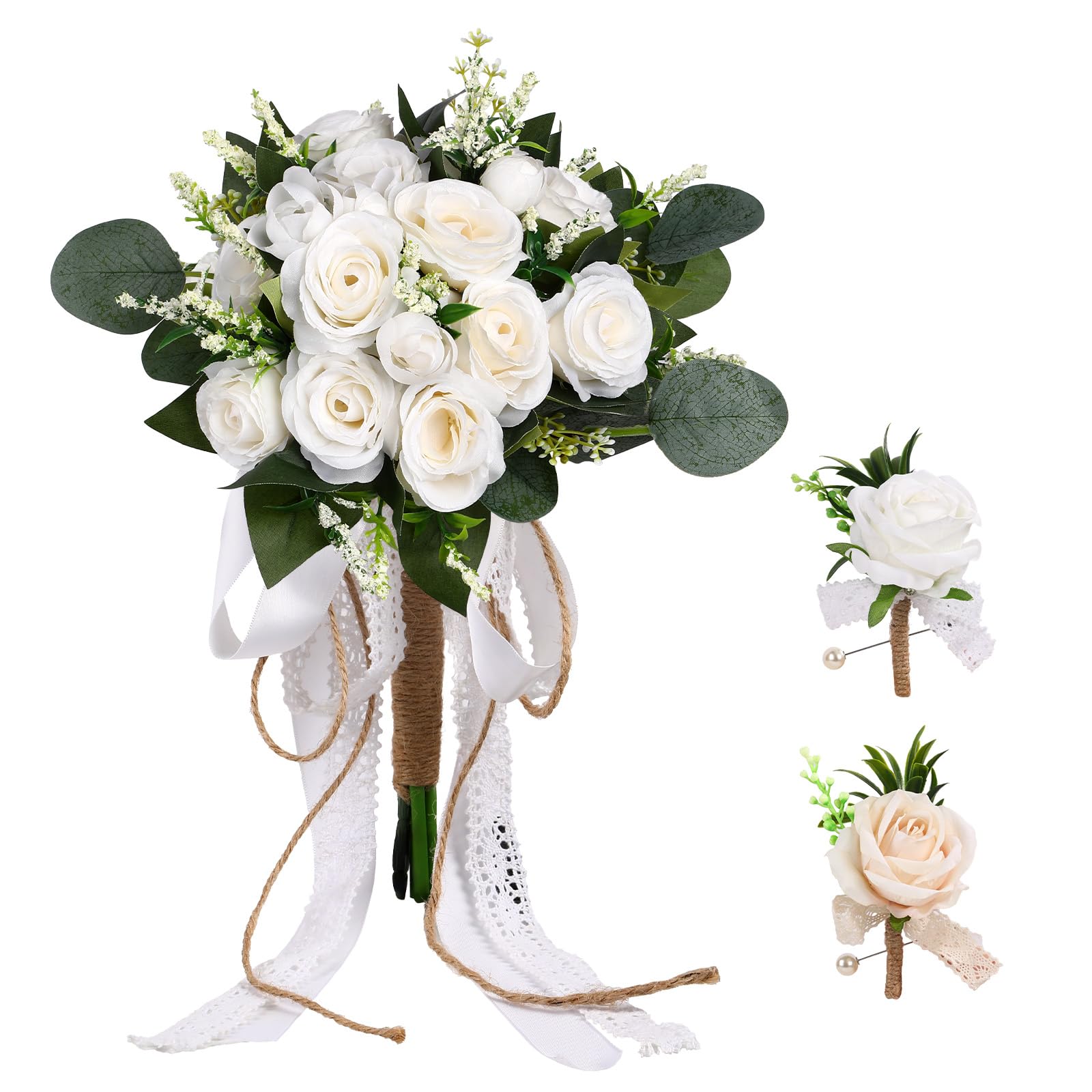 Wedding Bouquet Set for Bride and Bridesmaid with Matching Groom Boutonniere