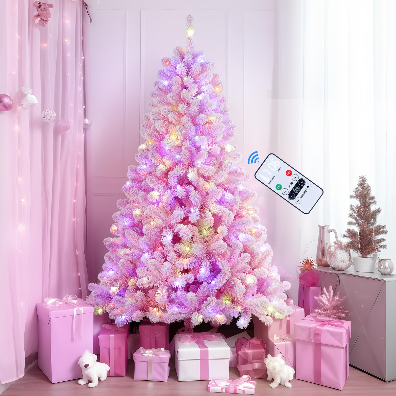 SHareconn 4ft Prelit Snow Flocked Artificial Holiday Christmas Tree with Remote (Upgraded), 170 Pre-Lit Multi-Color RGB Lights, Full Snow Branch Tips for Home, Office, Party Decoration, 4 FT, Pink - SHareconn