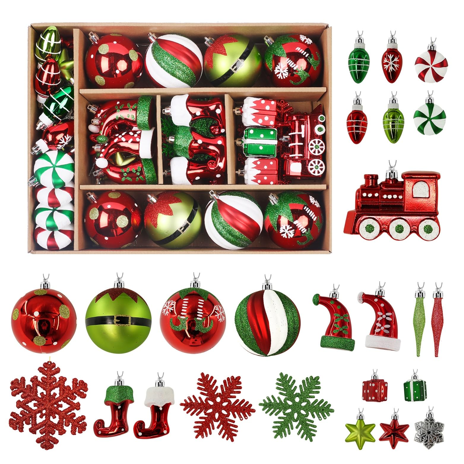 75 Pcs Red Green & White Miniature Trains, Boots, and Santa Hats Christmas Balls Ornaments Set