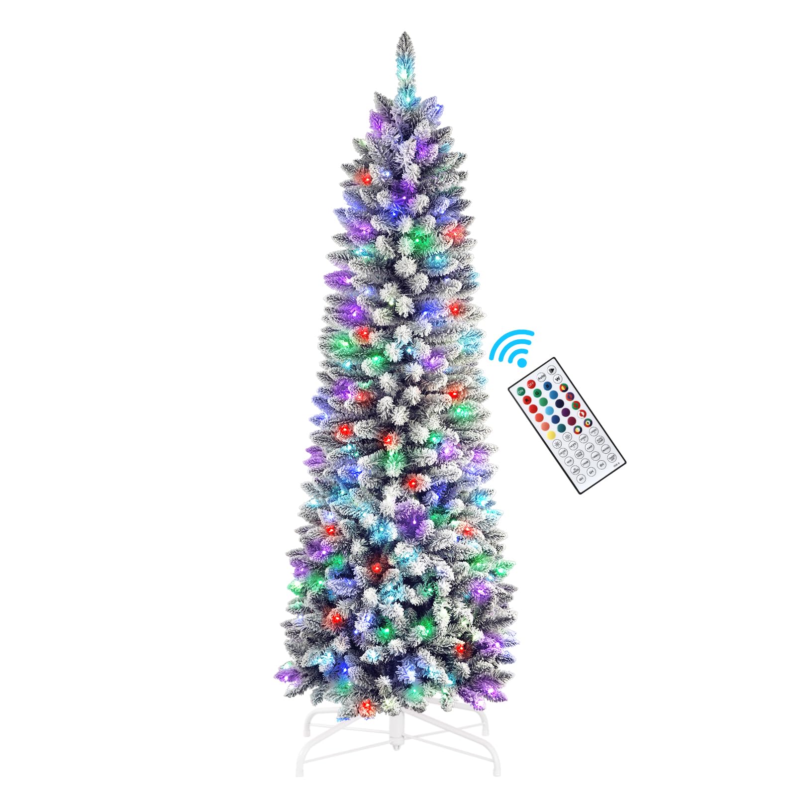 SHareconn 7.5ft Prelit Snow Flocked Artificial Hinged Slim Pencil Christmas Tree, with Remote Controlled Multi-Color RGB Lights, Full Branch Tips,Good Choice Decoration for Xmas Holiday,7.5 FT, Green - SHareconn