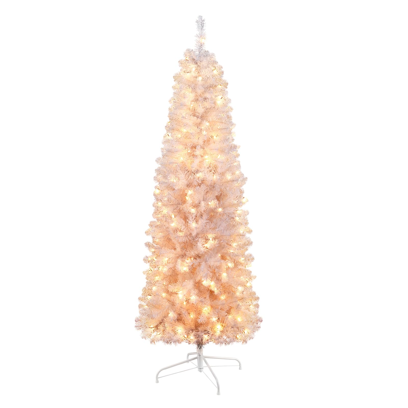 SHareconn 7.5ft Prelit Artificial Hinged Slim Pencil Christmas Tree with Warm White Lights, Full Branch Tips, Perfect Choice Decoration for Xmas Holiday, 7.5 FT, White - SHareconn