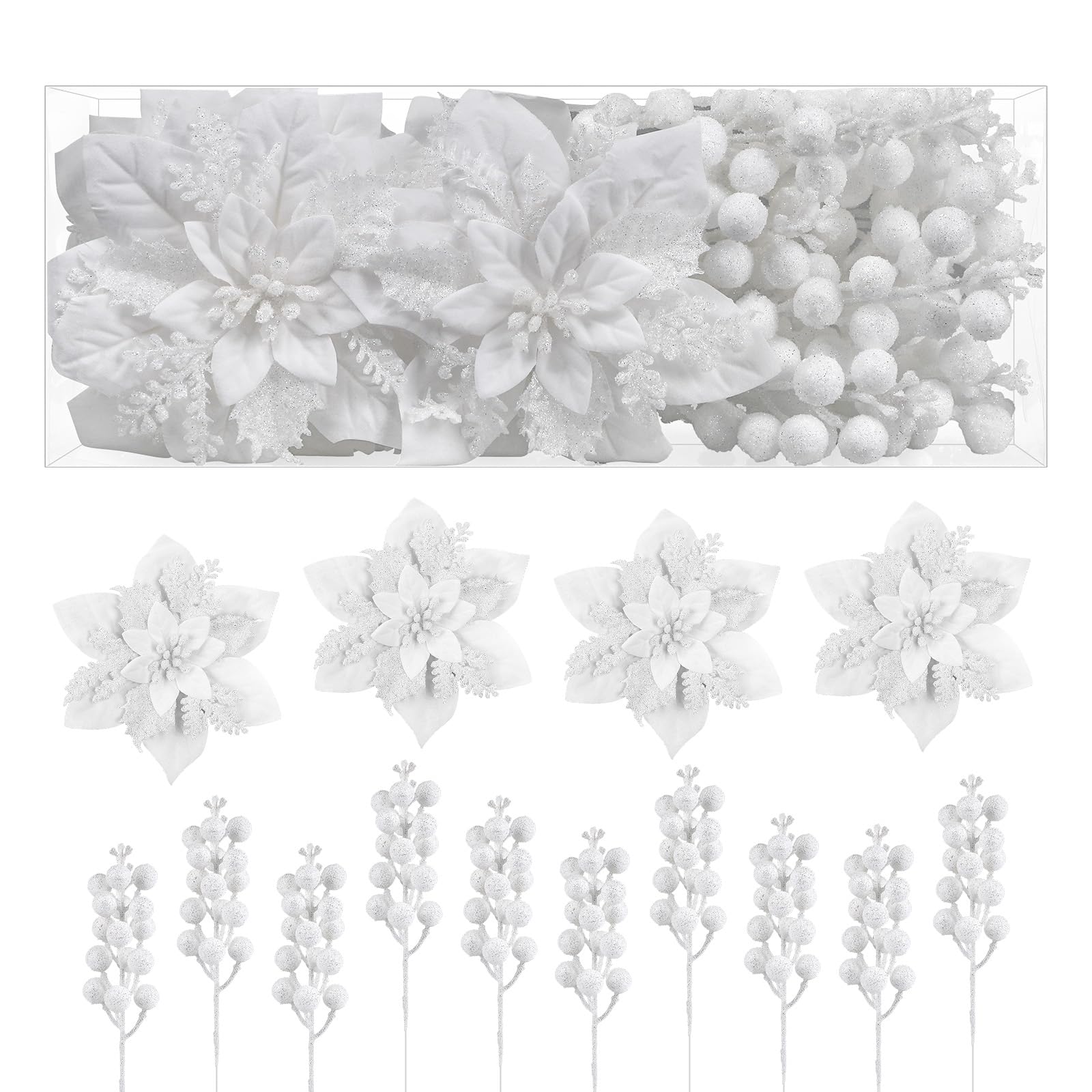 24 Pcs Christmas Tree Decorations Picks, Boxed 12Pcs Poinsettias Artificial Christmas Flowers with Clips and Stems+12pcs Holly Berry Stems, White