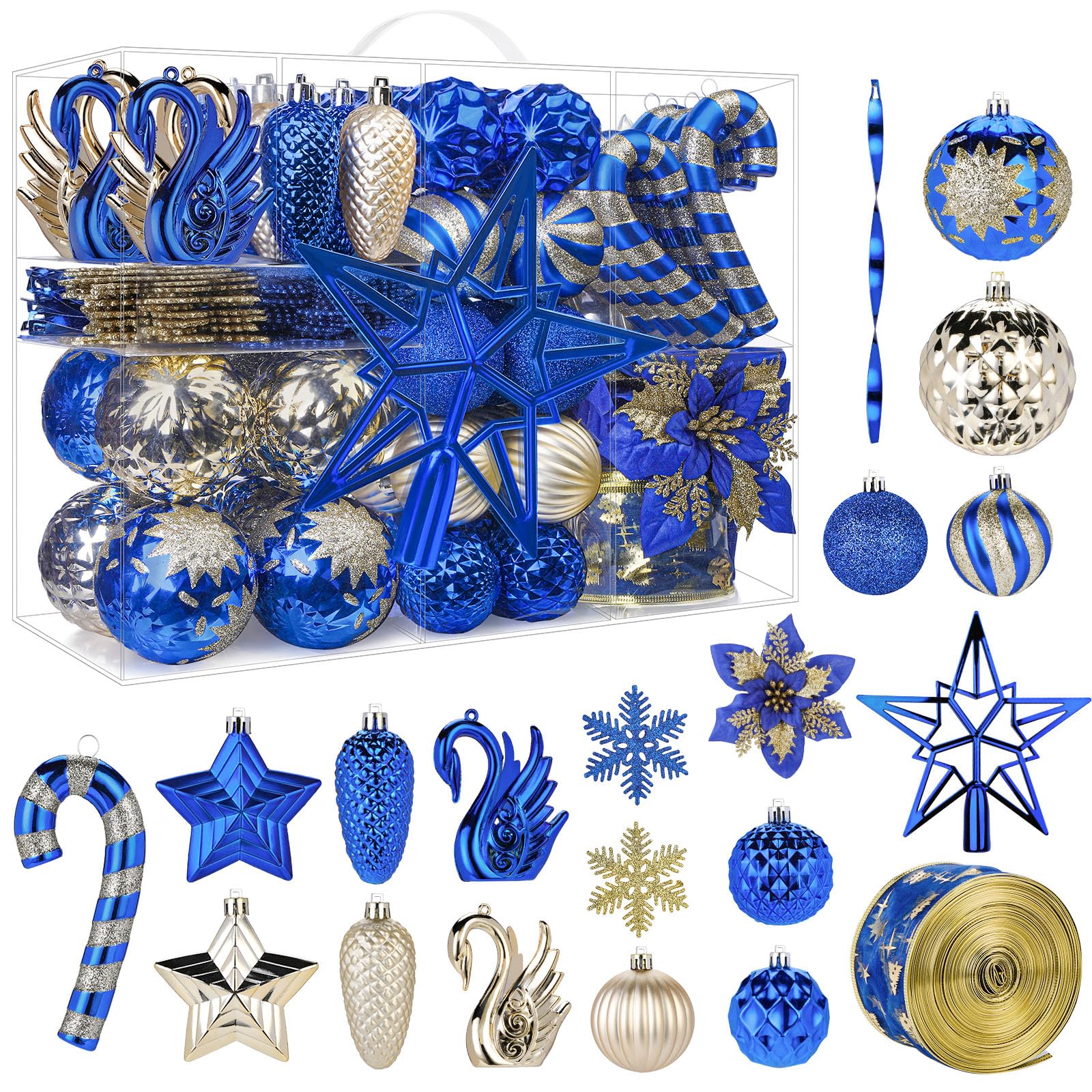 128pcs Christmas Shatterproof Plastic Baubles Christmas Flower, Ribbon and Tree Topper with Hanging Strings, Blue and Gold