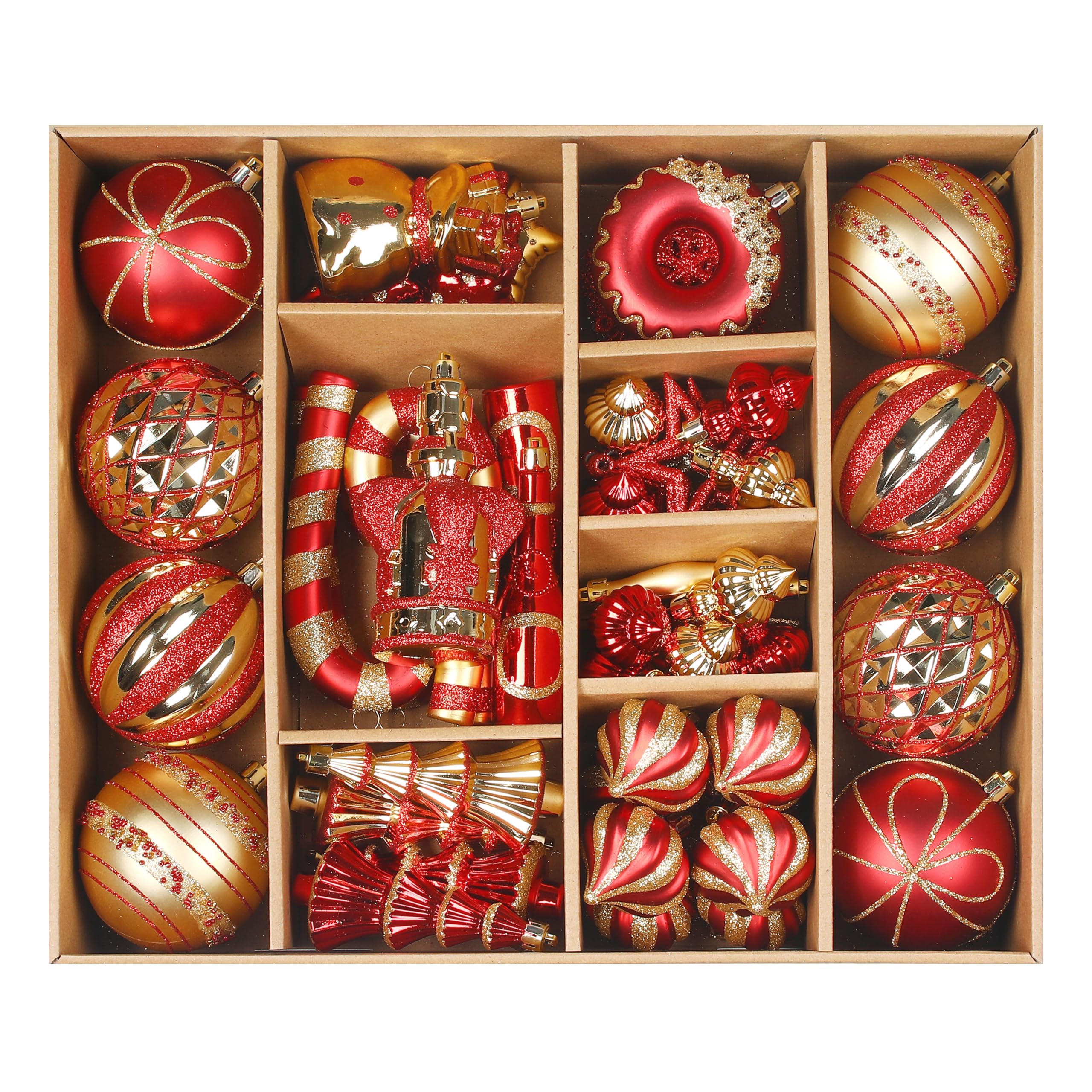 70 Pcs Red and Gold Snowflakes, Five-pointed Stars, Canes Christmas Ball Ornament Set