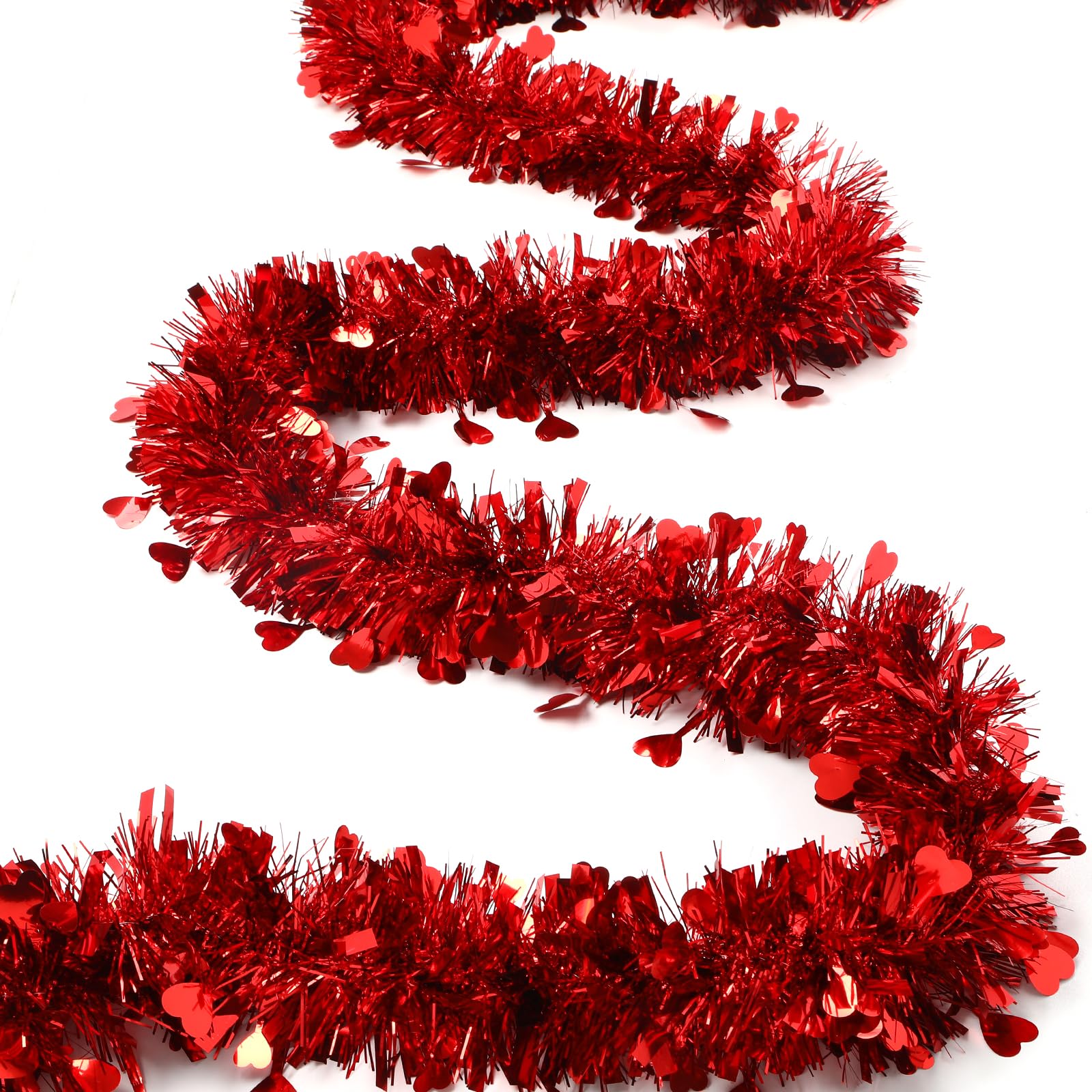 6 Pieces Total 50 FT Valentines Day Tinsel Garland with Heart Sequins, Metallic Shiny Twist Valentine Garlands Hanging Decorations for Wedding Party Indoor and Outdoor Decor, Red