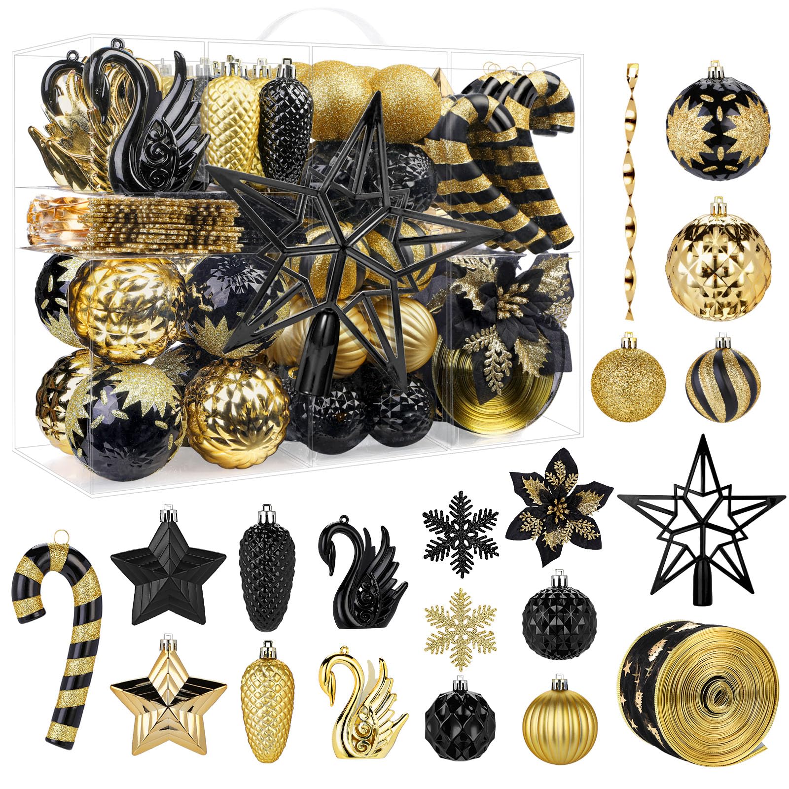 128pcs Christmas Balls Ornaments Set with Hanging Strings, Black and Gold