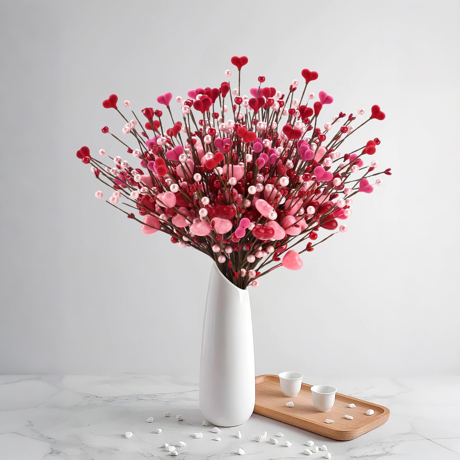 16 PCS Valentine's Day Gifts, Artificial Red Berry Flower Stems Pink Heart Shaped Berries Picks Branches for Valentine Decorations, Mother's Day, Wedding Anniversary Home Table Indoor Decor