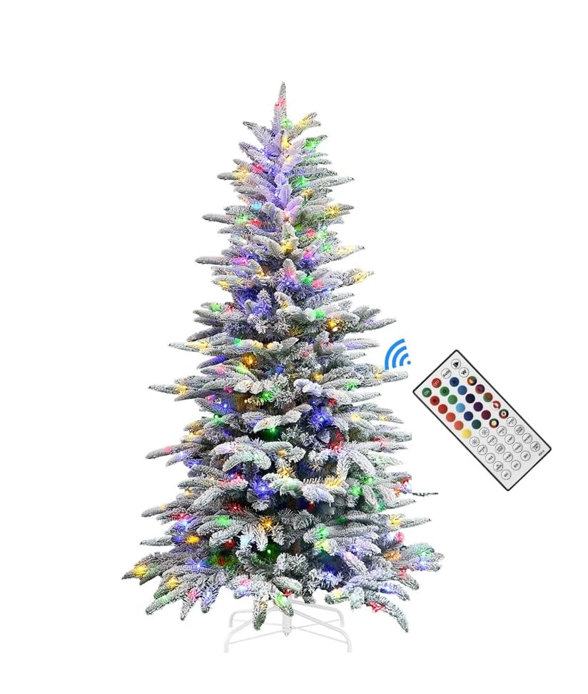 7.5ft Prelit Artificial Hinged Upgraded Snow Flocked Christmas Tree with Remote, 460 Pre-Lit Multi-Color RGB Lights and 1267 PE & PVC Branch Tips, Perfect Choice for Xmas Decoration, 7.5 FT - SHareconn