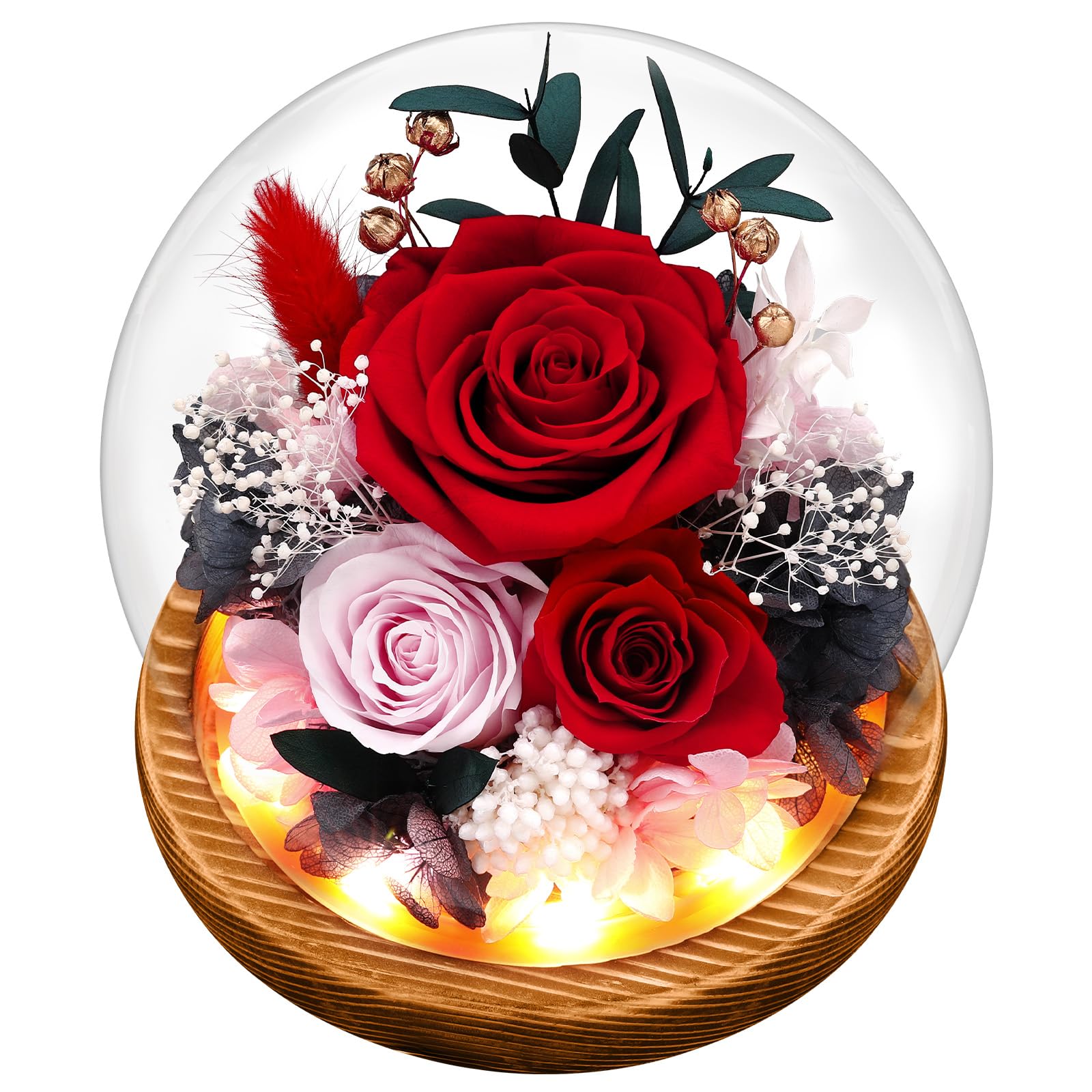 Preserved Real Flowers Gifts for Her,Women,Wife,Mom, Forever Fresh Roses in Glass Dome with LED Lights for Home Decor for Delivery Prime Valentines Day,Mothers Day,Christmas,Wedding, Red