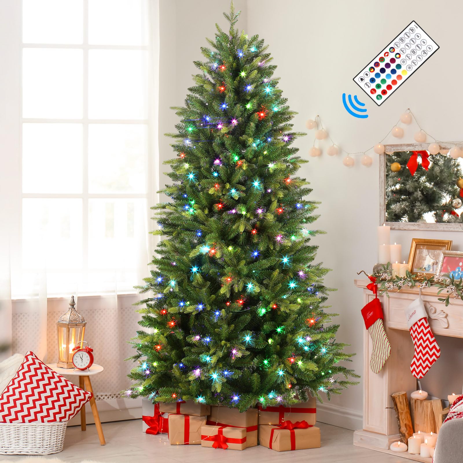 SHareconn 4ft Upgraded Prelit Artificial Hinged Christmas Tree with 170 Color Changing RGB Lights,Remote Control,Fake Pre-Lit Lush Fir Tree with 930 Branch Tips for Xmas Decoration, 4 FT - SHareconn