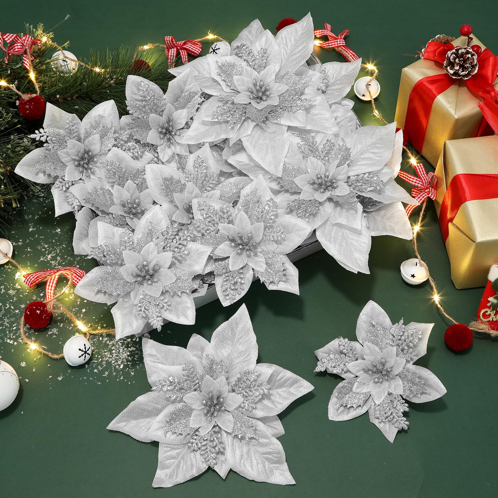 24 Pcs 6"&9" Silver Large Poinsettia Artificial Christmas Flowers Decorations for Christmas Tree with Clips&Sticks