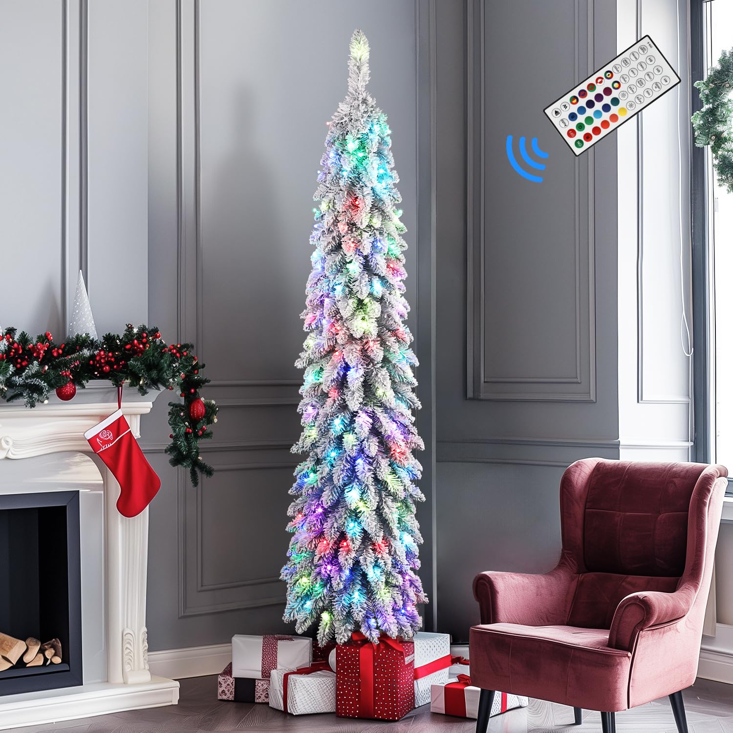 7.5FT Pre-Lit Snow Flocked Pencil Christmas Tree with Remote Controlled Multi-Color RGB Lights