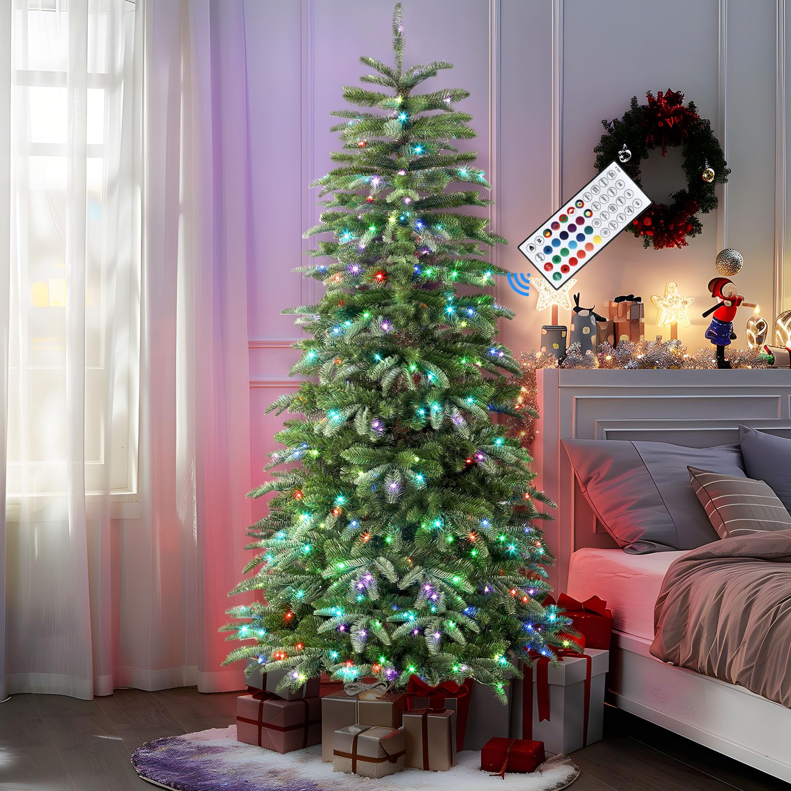 7ft Prelit Artificial Hinged Upgraded Christmas Tree with Remote, 660 Pre-Lit Multi-Color RGB Lights and 1975 PE & PVC Branch Tips, Perfect Choice for Xmas Decoration, 7 FT - SHareconn