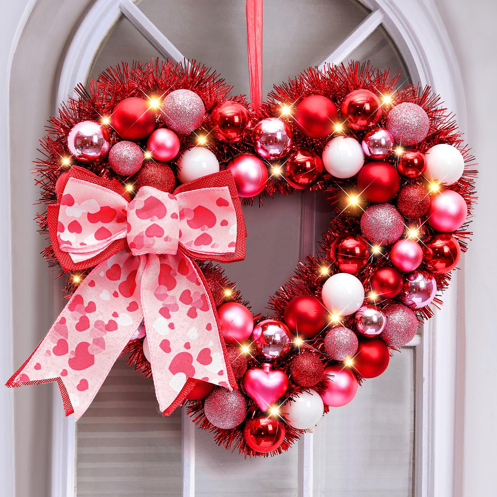 14" Inch Valentine Heart Wreath with Bowknot and Lights by Batteries Operated for Front Door Wall Windows Valentine's Day Wedding Party Romantic Decorations,Gifts for Her/Him/Women/Men,Red