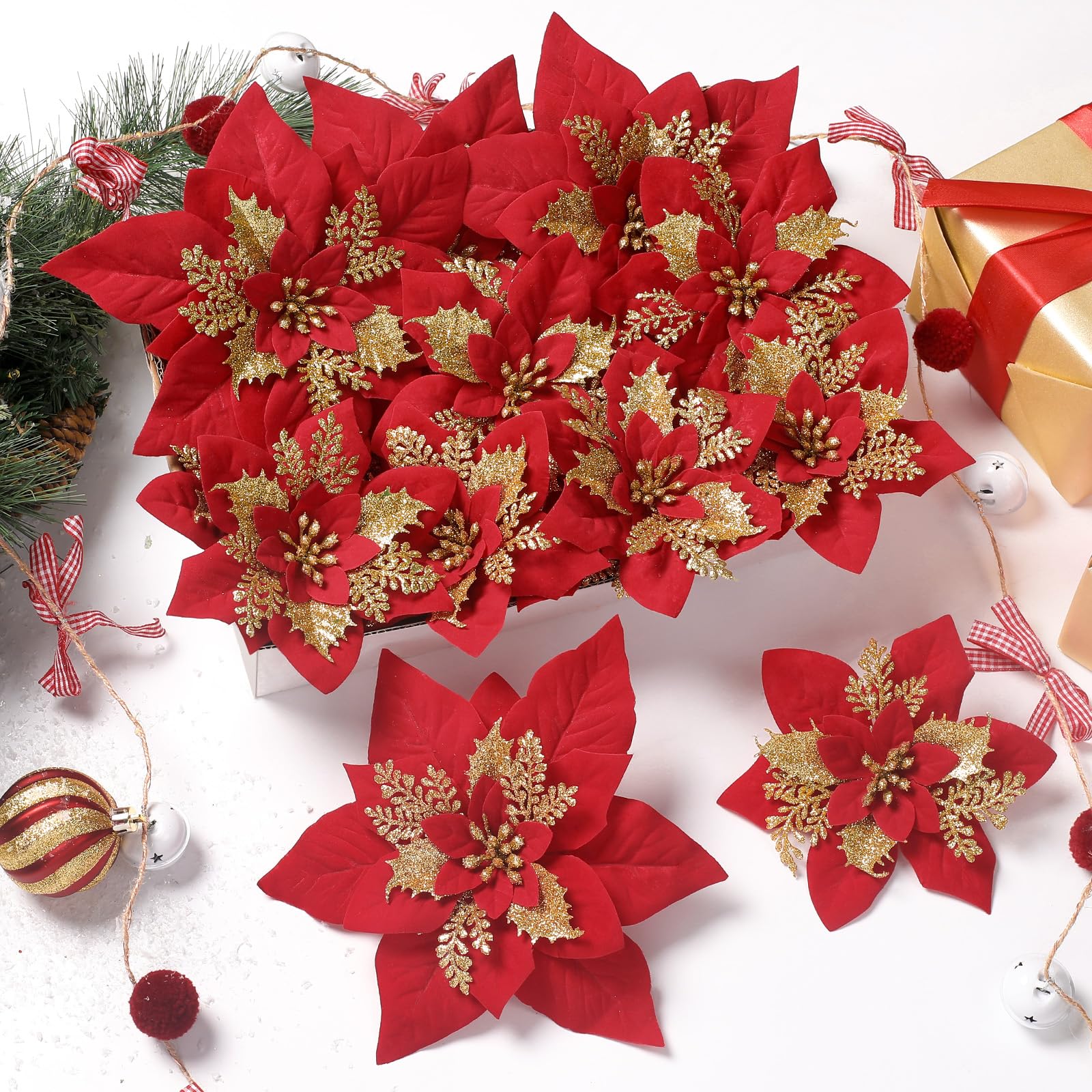 24 Pcs 6"&9" Red＆Gold Large Poinsettia Artificial Christmas Flowers Decorations for Christmas Tree with Clips&Sticks