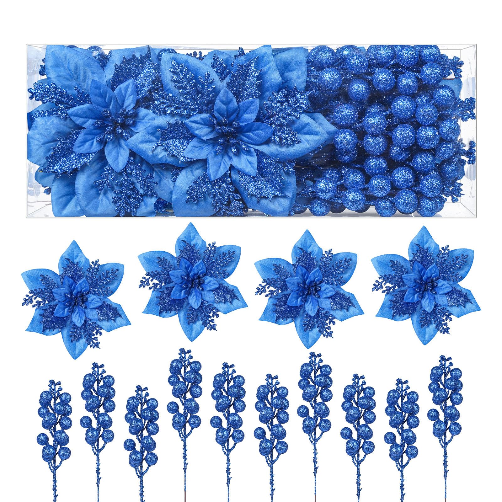 24 Pcs Blue Boxed 12Pcs Poinsettias Artificial Christmas Flowers+12Pcs Holly Berry Stems for Christmas Tree Decor