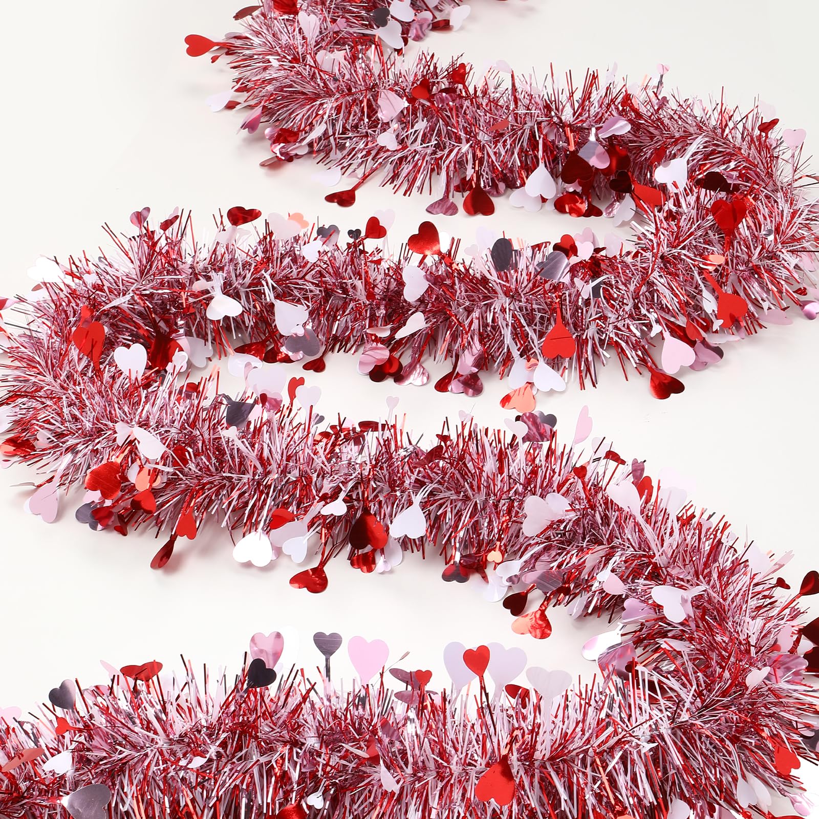 6 Pieces Total 50 FT Valentines Day Heart Tinsel Garland, Metallic Shiny Twist Valentine Garlands Hanging Decorations for Wedding Party Indoor and Outdoor Decor, Red Pink and White