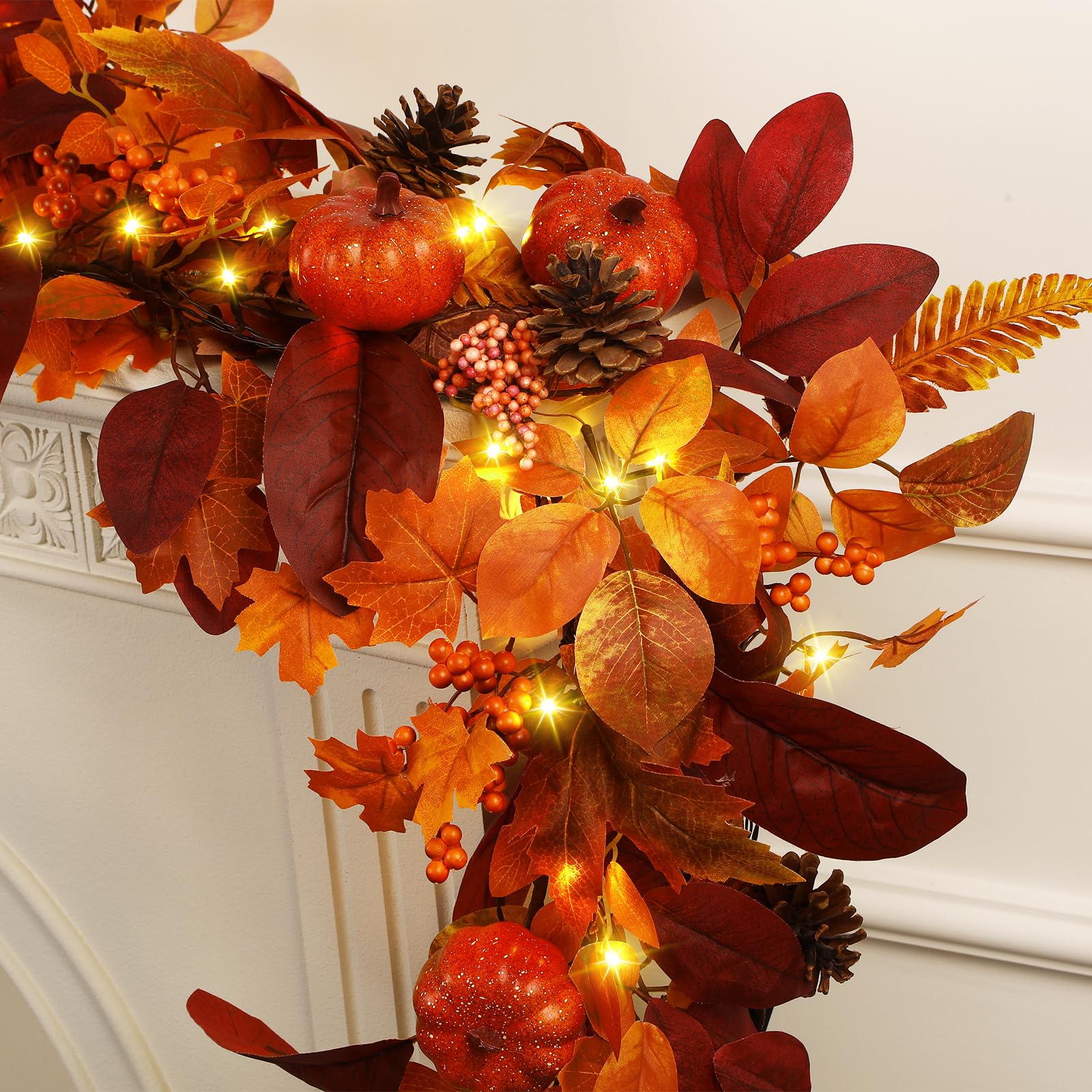 6FT Autumn Pumpkin & Maple Leaves Garland with Prelit 30 LED Lights [Warm White & Orange] - SHareconn