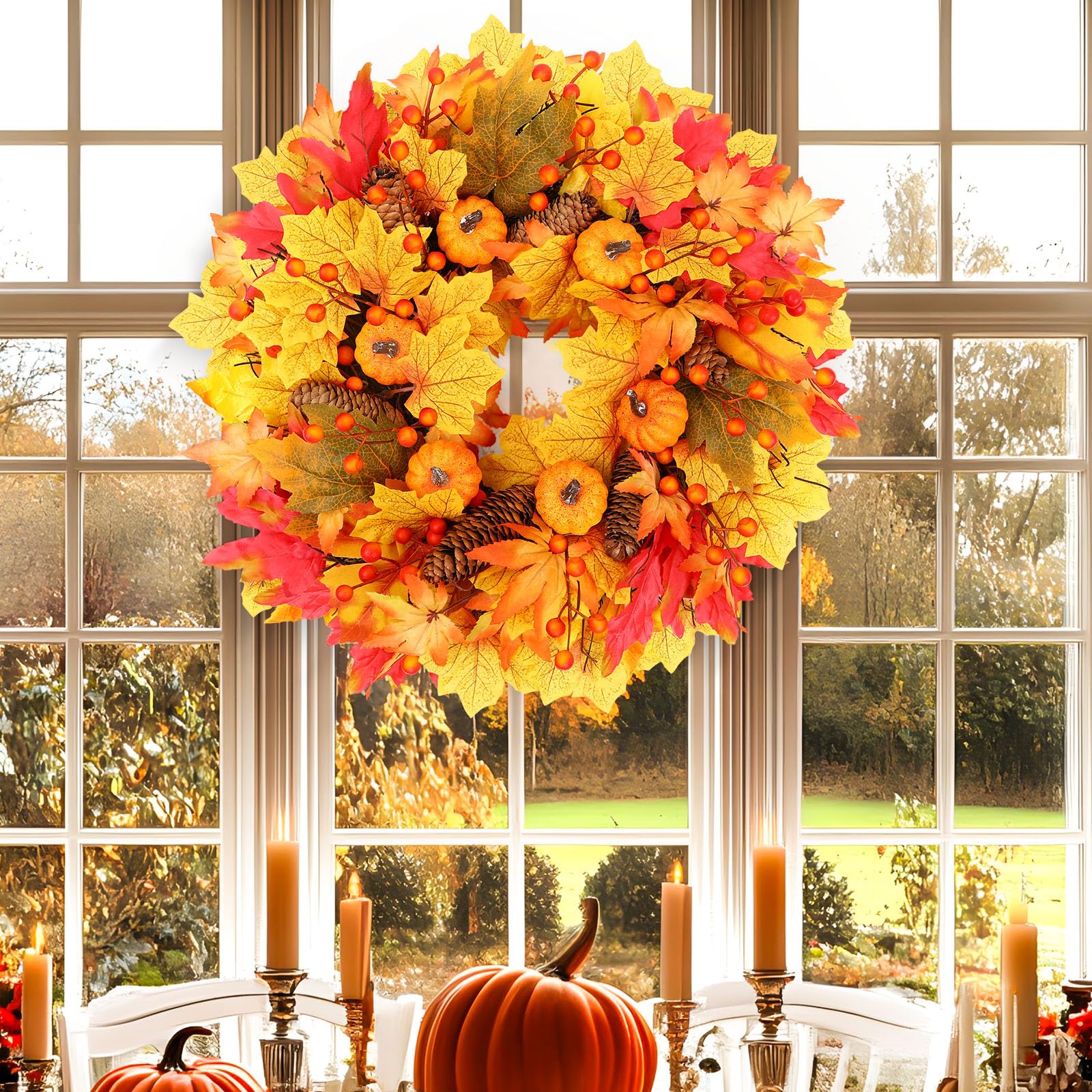 20FT Fall Wreath Artificial Autumn Wreaths with Maples Leaf Pumpkin Pine Cone Berry - SHareconn