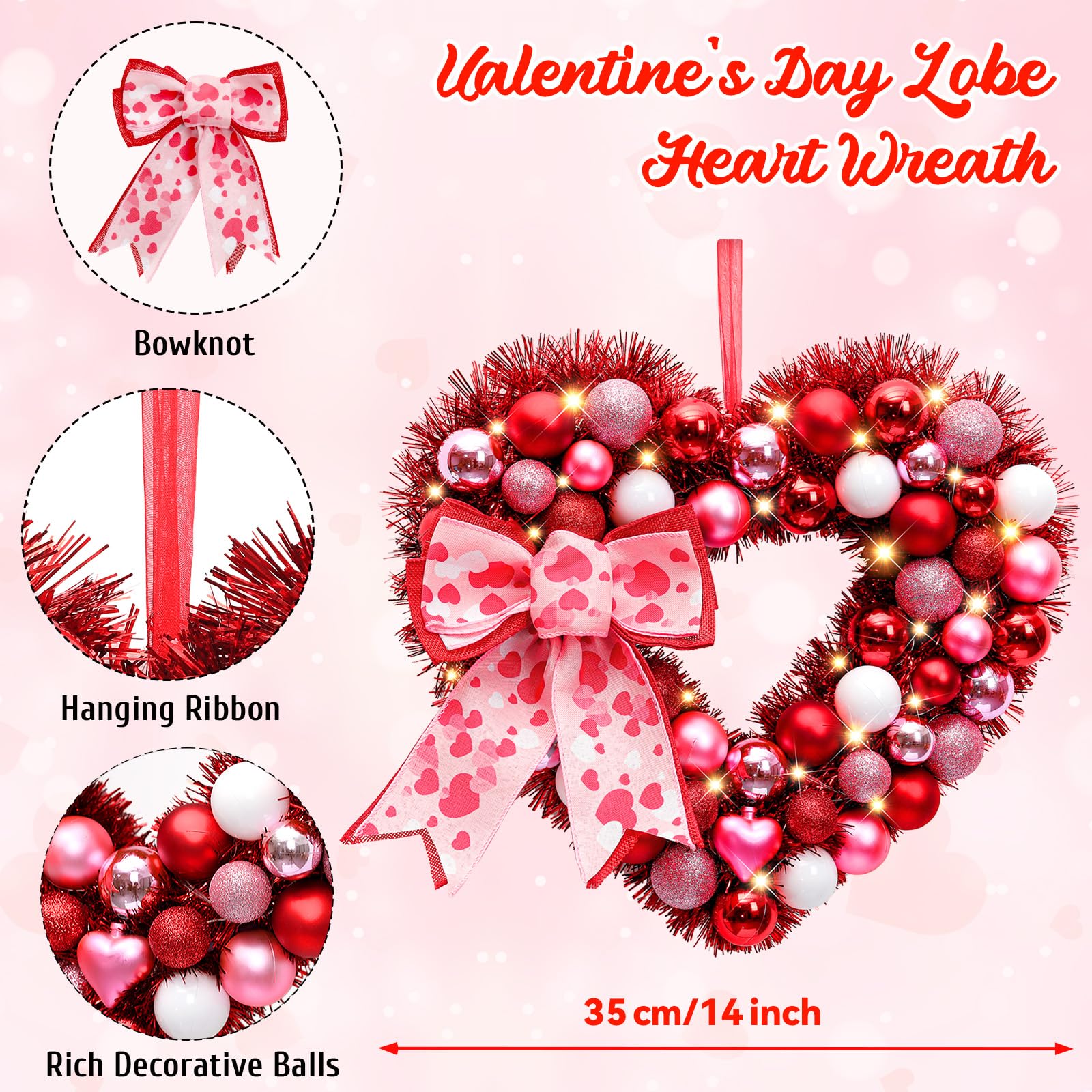 14" Inch Valentine Heart Wreath with Bowknot and Lights by Batteries Operated for Front Door Wall Windows Valentine's Day Wedding Party Romantic Decorations,Gifts for Her/Him/Women/Men,Red