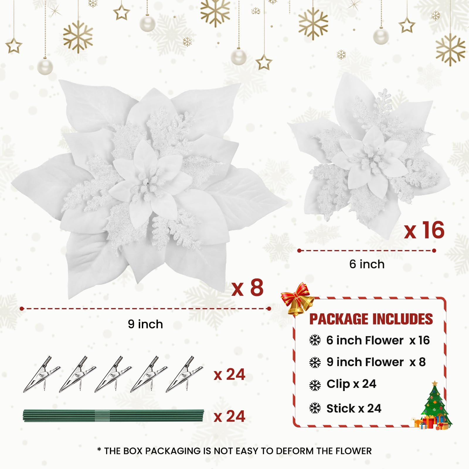 24 Pcs Boxed Christmas Flowers Glitter Tree Picks Ornaments for Wedding Xmas Tree New Year Holiday Decor with Clips and Sticks, White