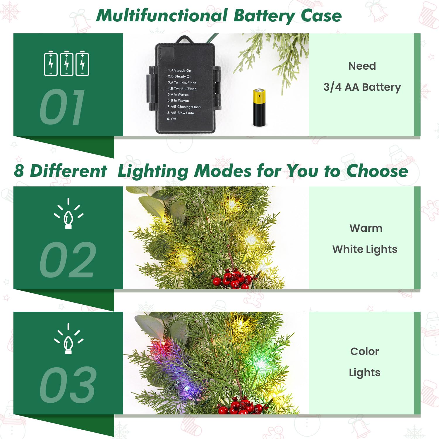 6FT Prelit Green Cypress Pine Garland Decorations with Battery Operated