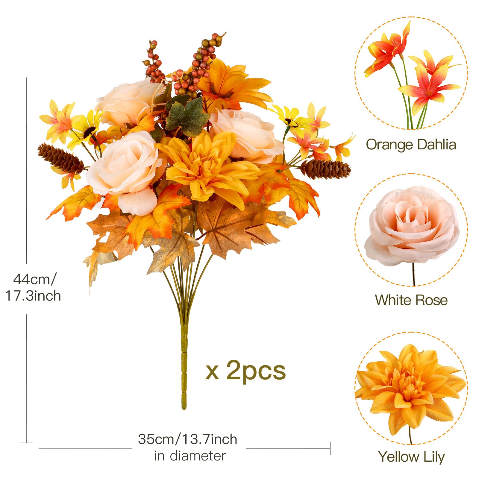 2Pcs Artificial Fall Thanksgiving 7inch Autumn Faux Bouquet Flowers (Yelow&Orange) - SHareconn