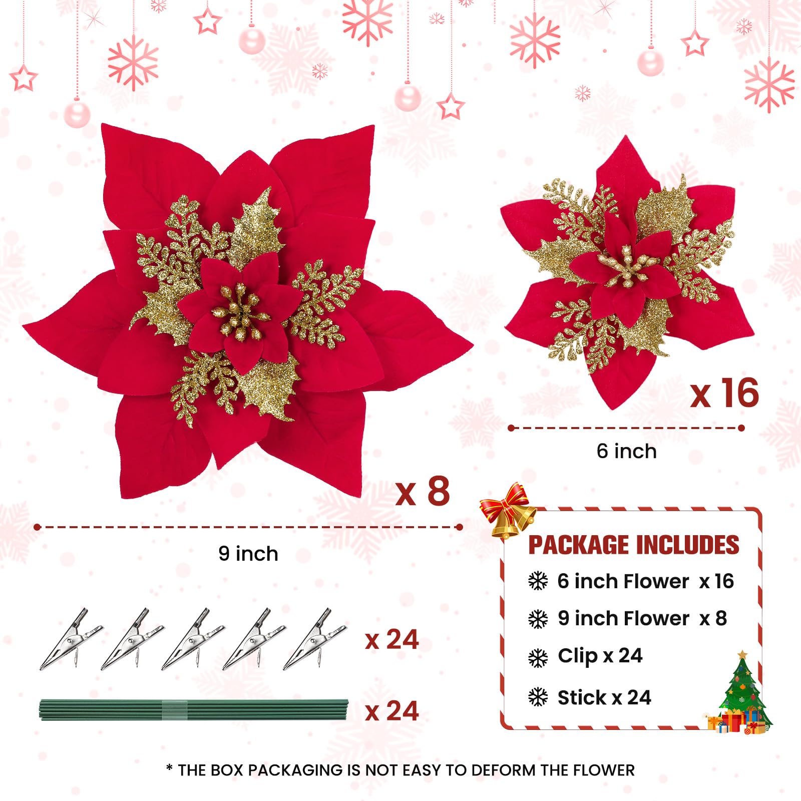 24 Pcs 6"&9" Red＆Gold Large Poinsettia Artificial Christmas Flowers Decorations for Christmas Tree with Clips&Sticks